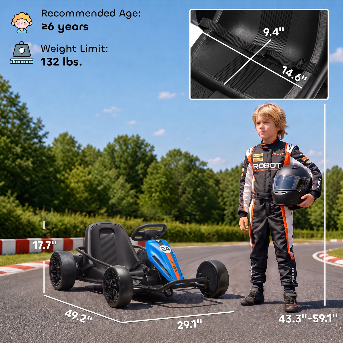 24V Electric Drift Go Kart for Kids with Dual Motors, Soft Start, PU Wheels, 7.5MPH High Speed, for Ages 6+, Blue