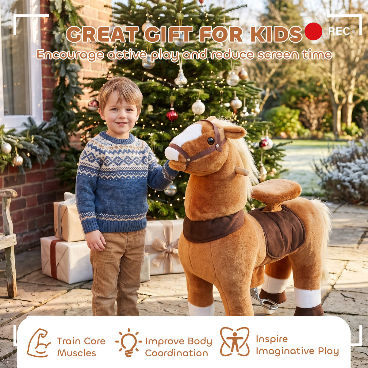 Ride on Horse for Kids 4-12 Years, 37.4 Inch Height Plush Riding Pony with Rolling Wheels for Active Play, Brown