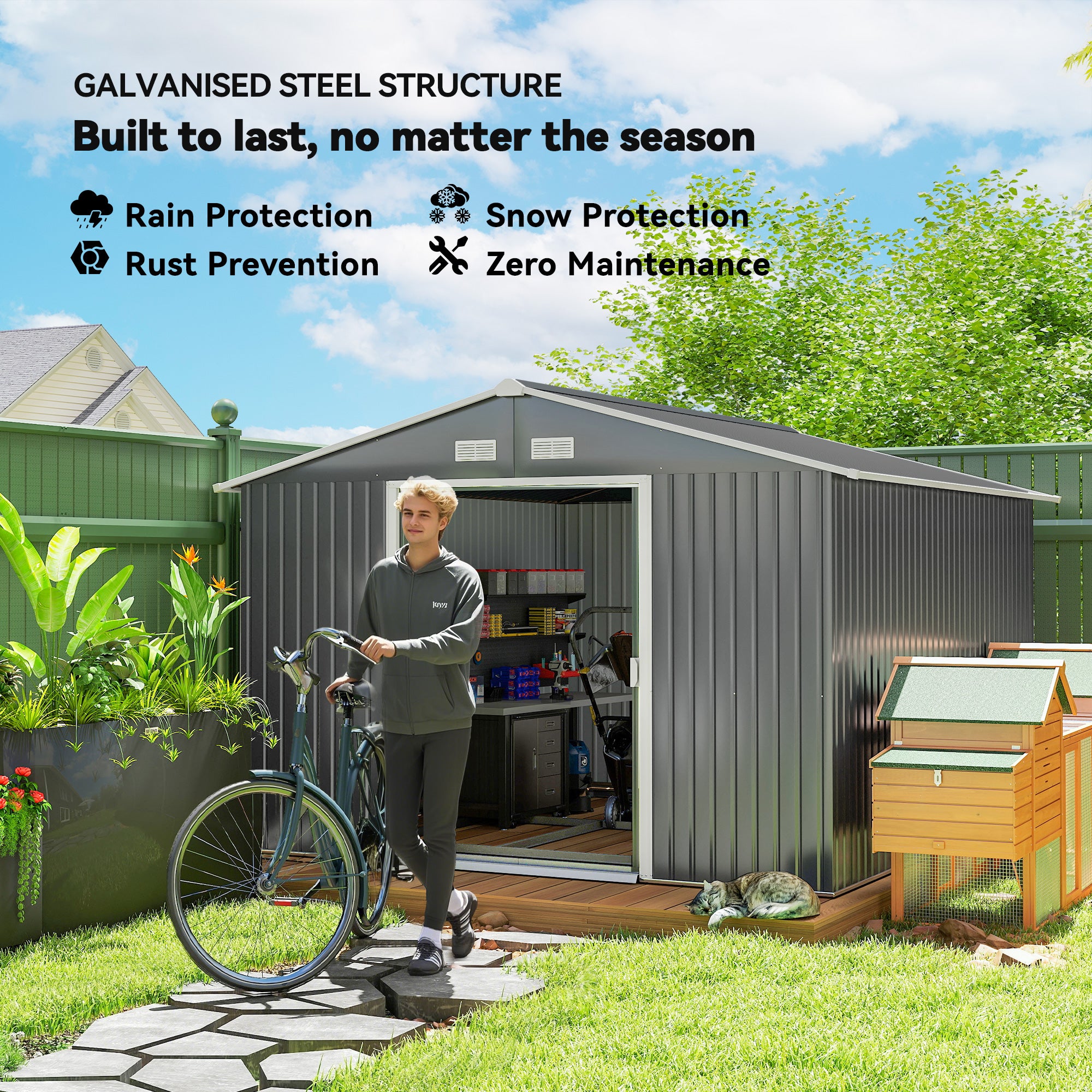 11' x 9' Metal Storage Shed Garden Tool House with Double Sliding Doors, 4 Air Vents for Backyard, Patio, Gray - Gray - Image 4