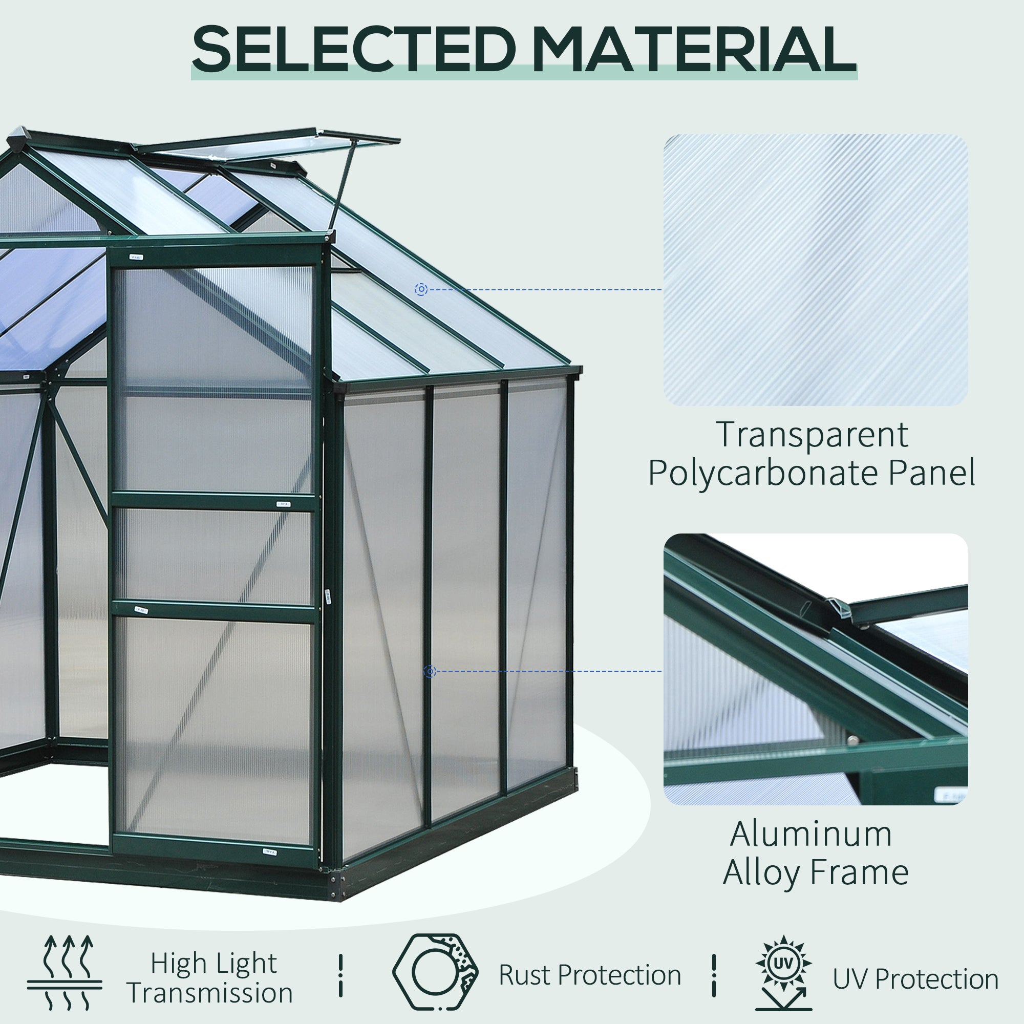 6' x 6' Greenhouse for Outdoors, Polycarbonate Greenhouse with Rain Gutter and Roof Vent, Aluminum Walk-in Green Houses for Outside for Patio Backyard Garden, Dark Green - Dark Green - Image 7