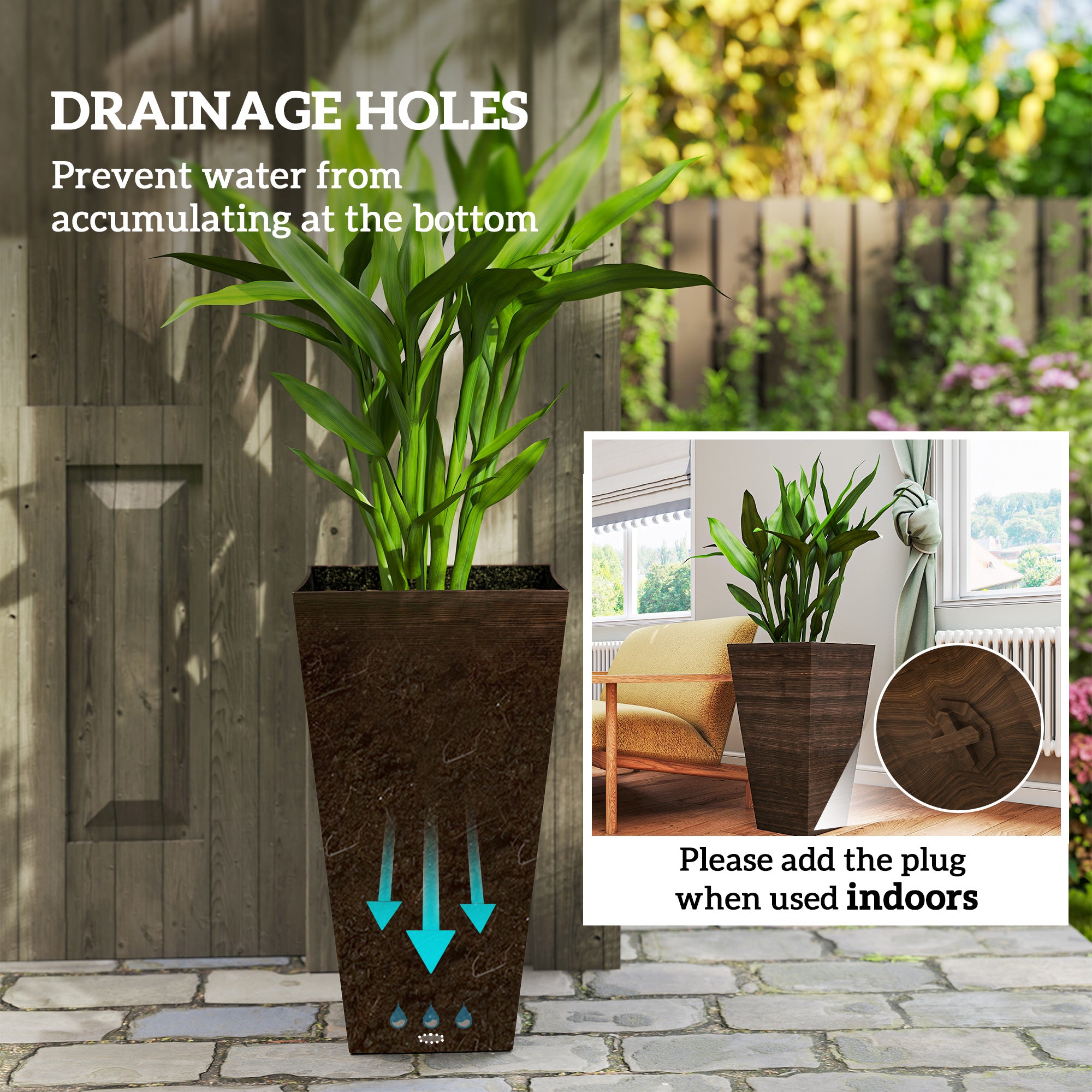 Set of 3 Tall Planters, 28" Outdoor Planter w/ Drainage Holes, Faux Wood Plastic Flower Pots, Brown - Brown - Image 5