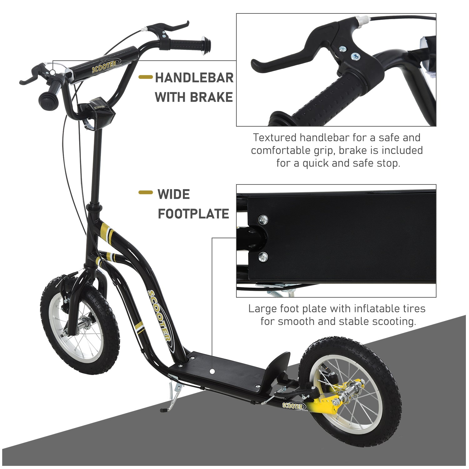 Youth Scooter Front and Rear Caliper Dual Brakes 12-Inch Inflatable Front Wheel Ride On Toy For Age 5+ - Black