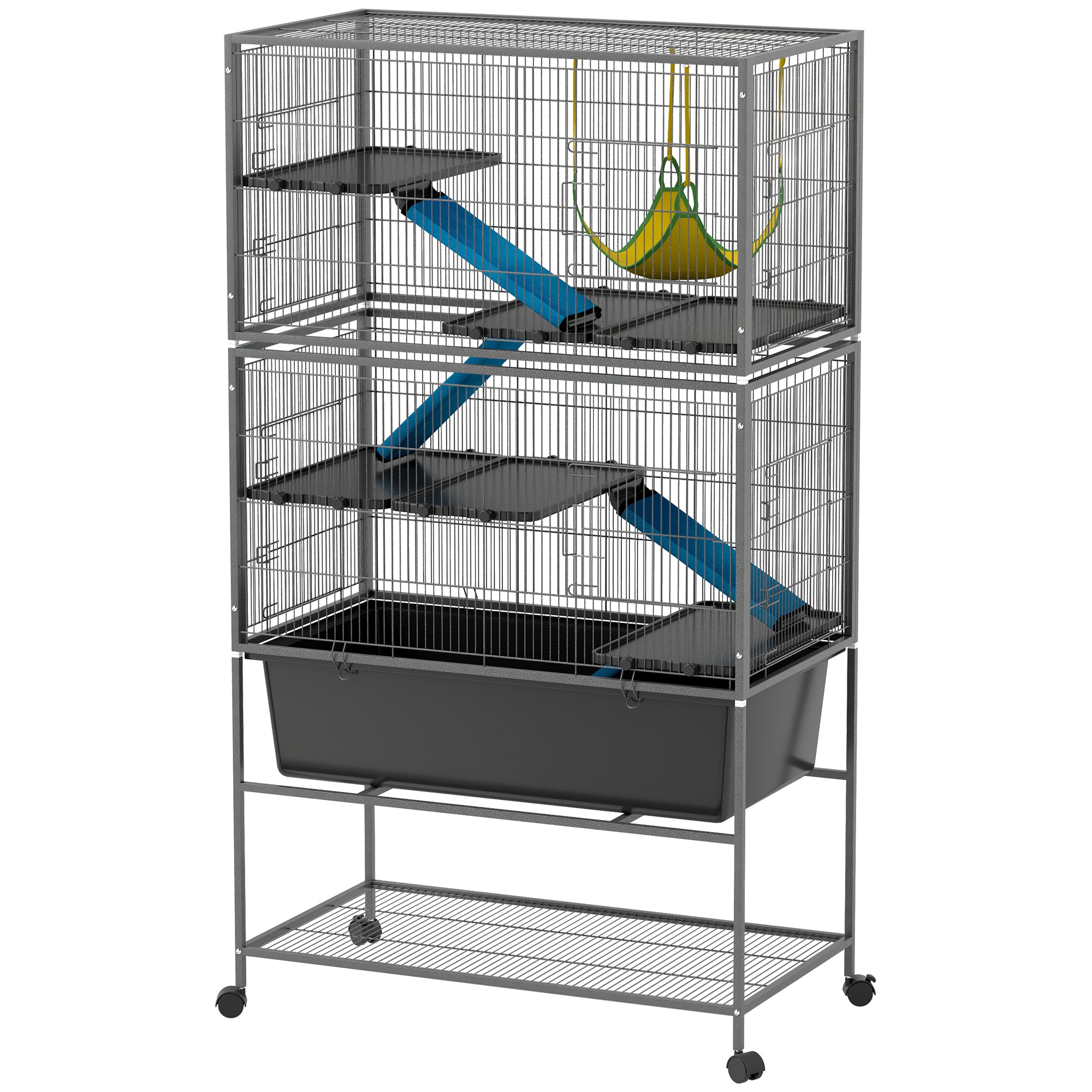 59" 5-Level Small Animal Cage, Rolling Ferret Cage with 6.3" Deep Tray, Non-Slip Cloth Covered Ramps, Hammock, Dark Gray - Dark Gray