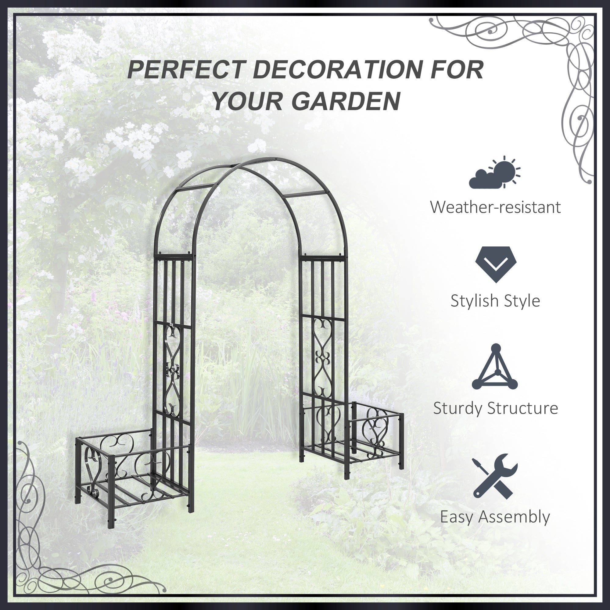 6.7' Steel Garden Arch Arbor with Scrollwork Hearts, Planter Boxes for Climbing Vines, Ceremony, Weddings, Party, Backyard, Lawn, Dark Gray - Dark Gray - Image 5