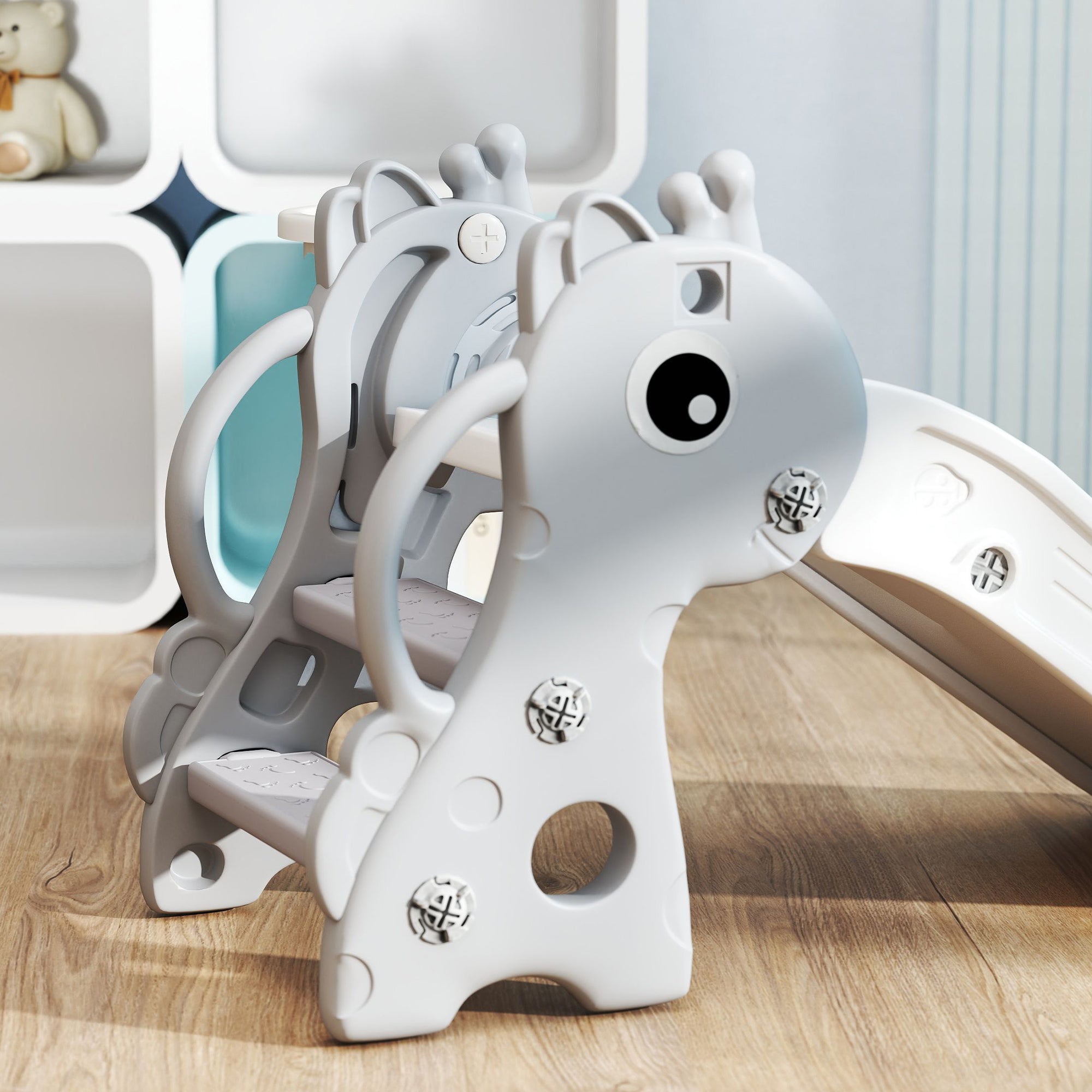 3-in-1 Toddler Slide for Age 1-3, Freestanding Kids Slide with Climber, Basketball Hoop and Ball, Giraffe Design, Gray