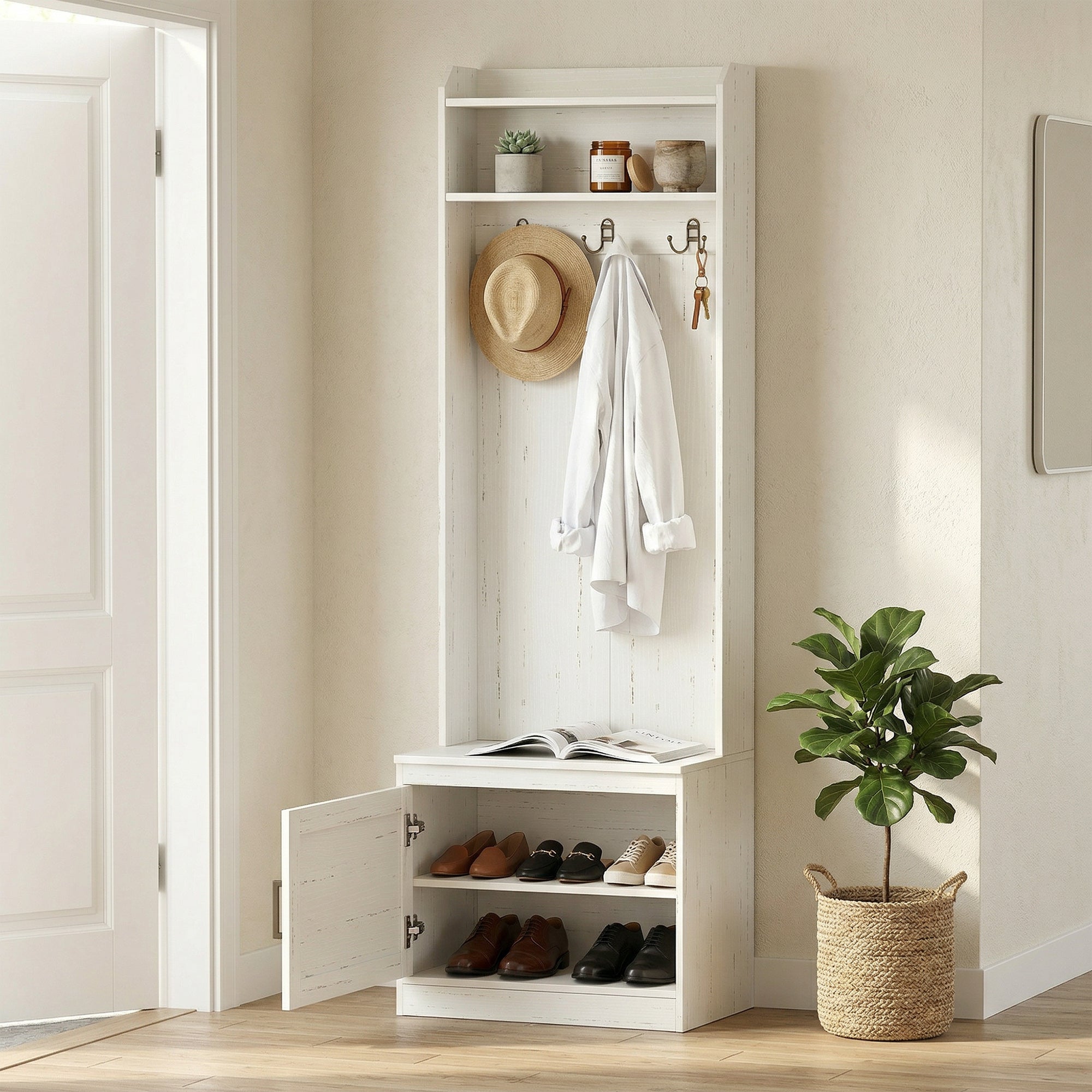 Narrow Hall Tree with Shoe Storage Bench, Rustic Entryway Bench with Coat Rack, Accent Coat Tree with Storage Shelves for Hallway, Mudroom, White Wood Grain