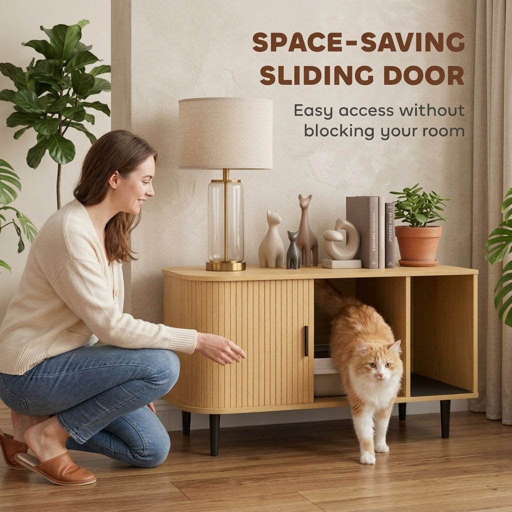 Cat Litter Box Enclosure with Sliding Door, Litter Mat, Modern Cat House, TV Stand, Side End Table for Living Room