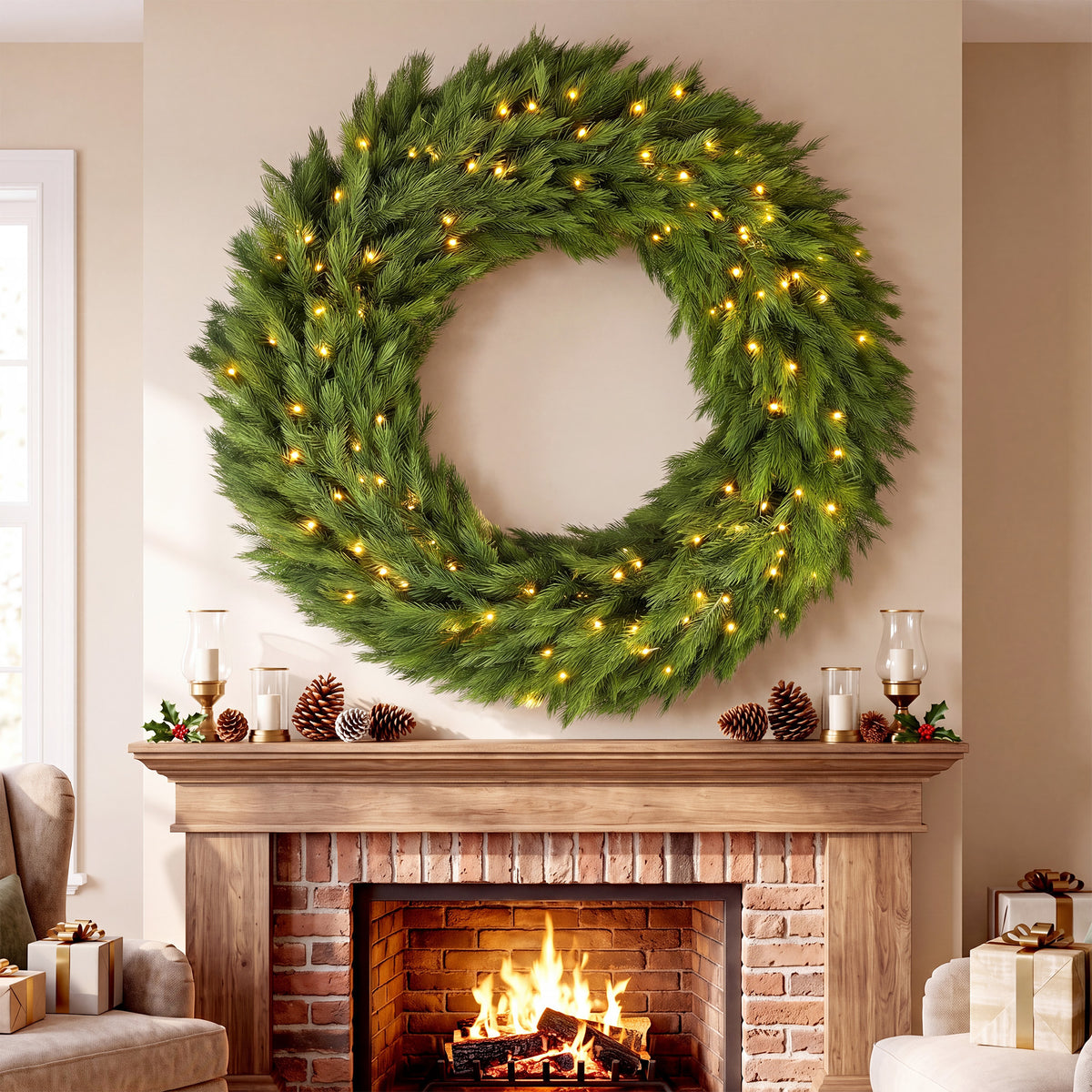 Christmas Decoration, 48 in Pre-Lit Norwegian Spruce Artificial Christmas Wreath with 150 LED Lights, Green