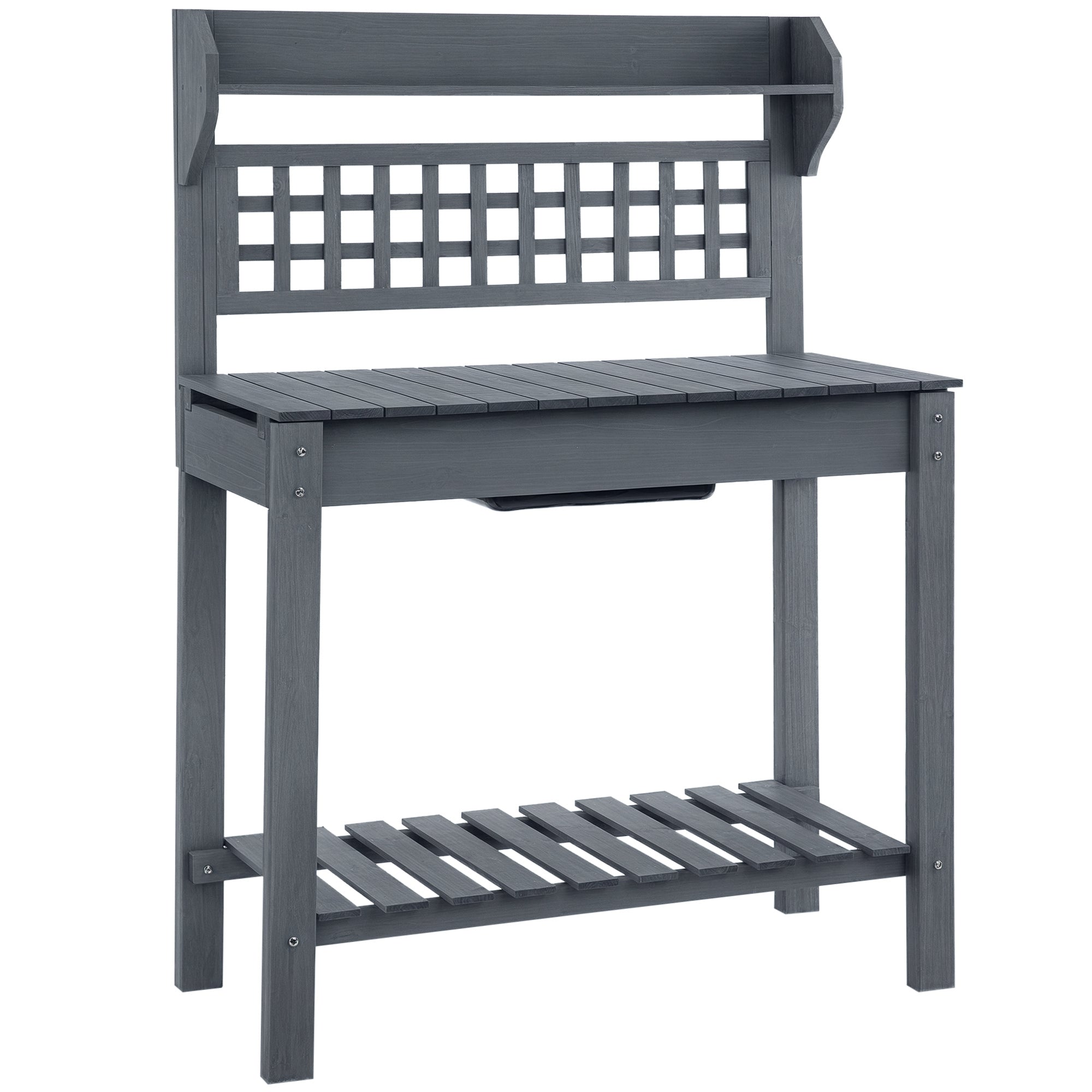 Outdoor Potting Bench Table, Wooden Workstation with Sliding Tabletop, Storage Shelf and Dry Sink, for Greenhouse, Garden, Patio, Gray - Gray