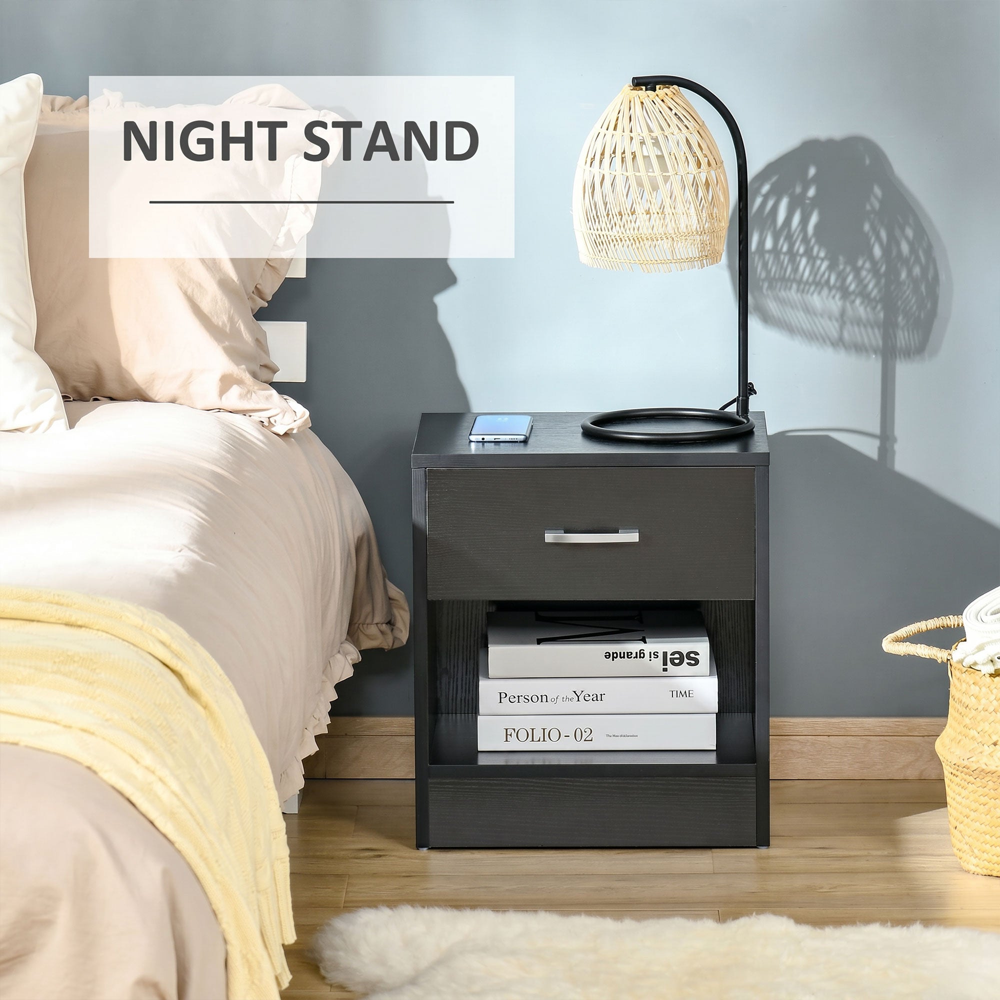 Modern Side Table with Drawer and Storage Shelf, End Table for Living Room, Black Wood Grain