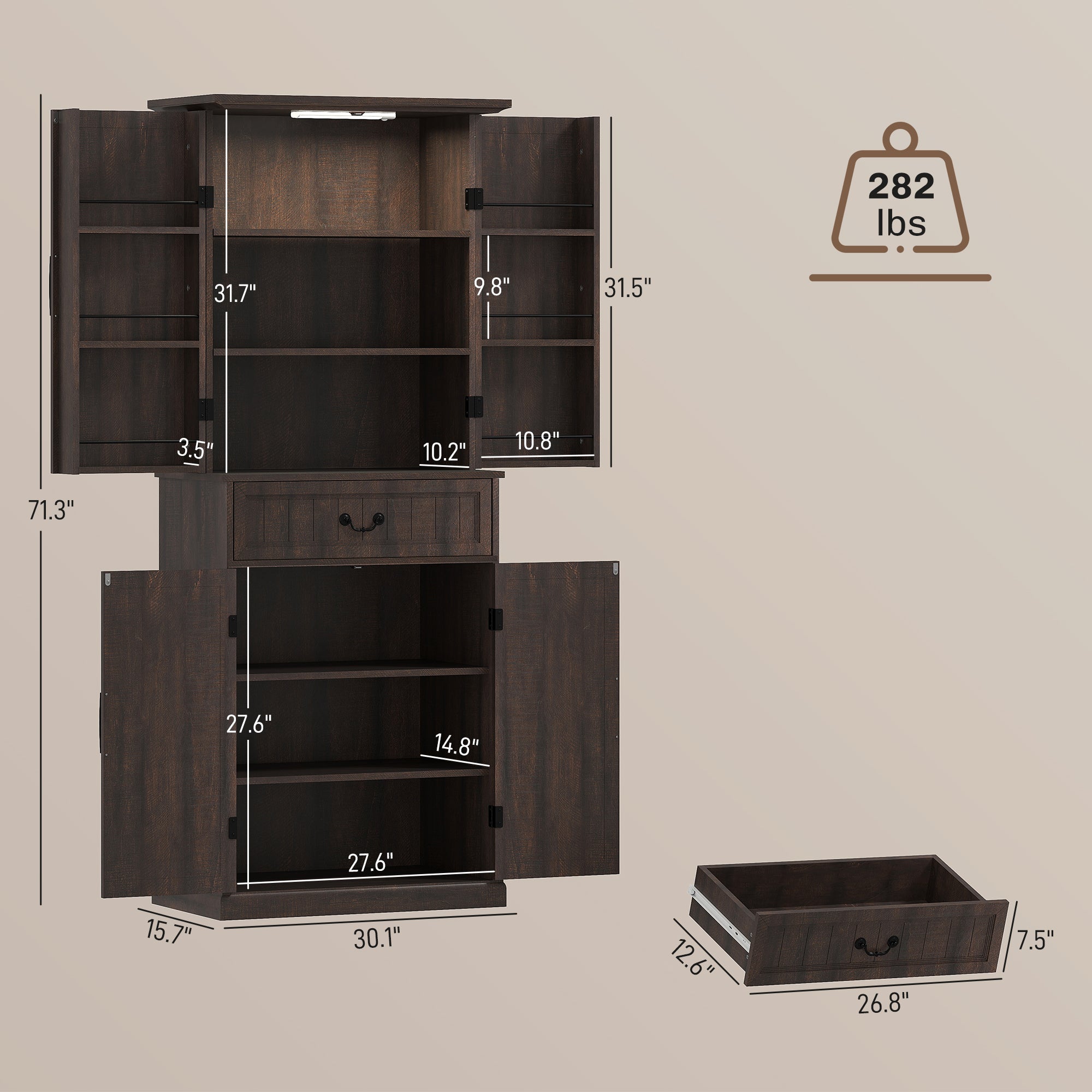 71" LED Kitchen Pantry Cabinet, Farmhouse Storage Cabinet with Door Shelves, Distressed Brown