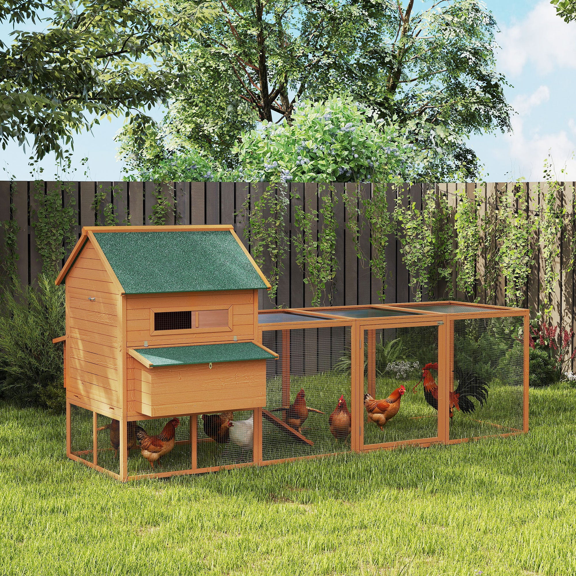 137" Chicken Coop for 8-10 Chickens, Large Chicken House, Wooden Poultry Hen Cage with Nesting Box and Run for Backyard, Orange - Orange - Image 2