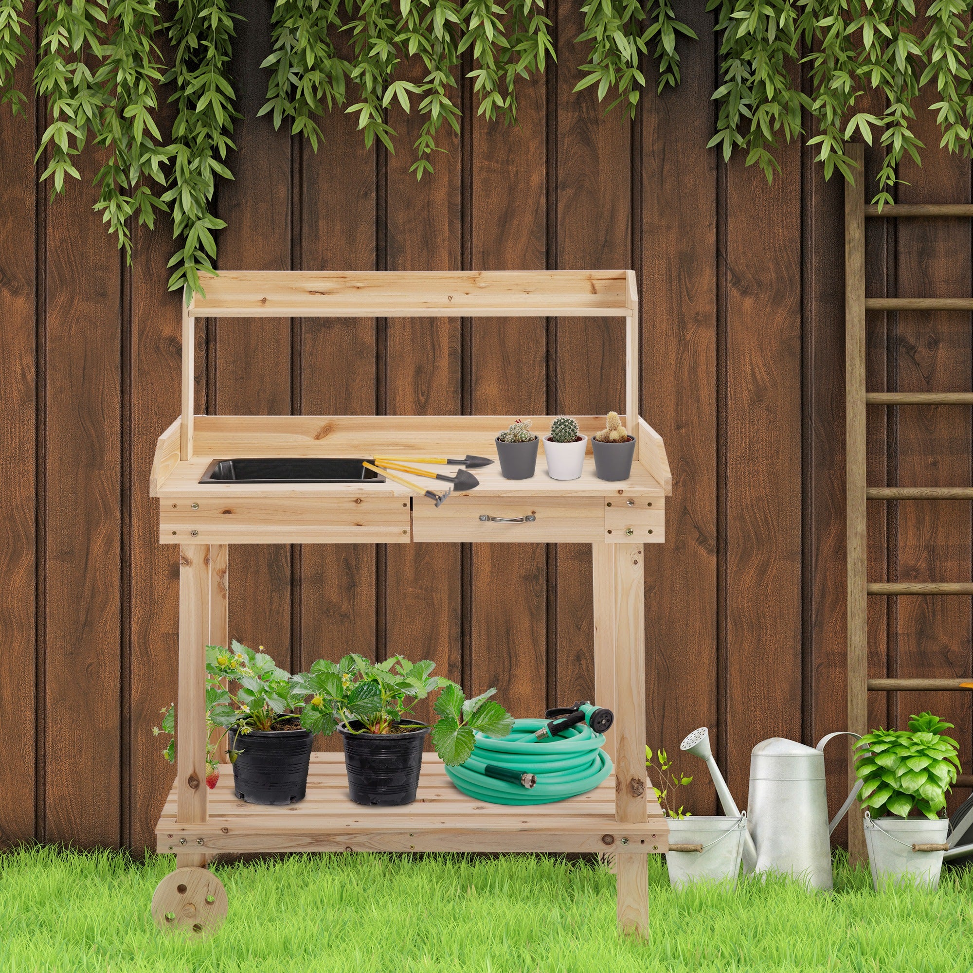 36" Wooden Potting Bench Work Table with 2 Removable Wheels, Garden Workstation with Removable Sink, Drawer & Large Storage Spaces, Natural - Natural Wood - Image 2