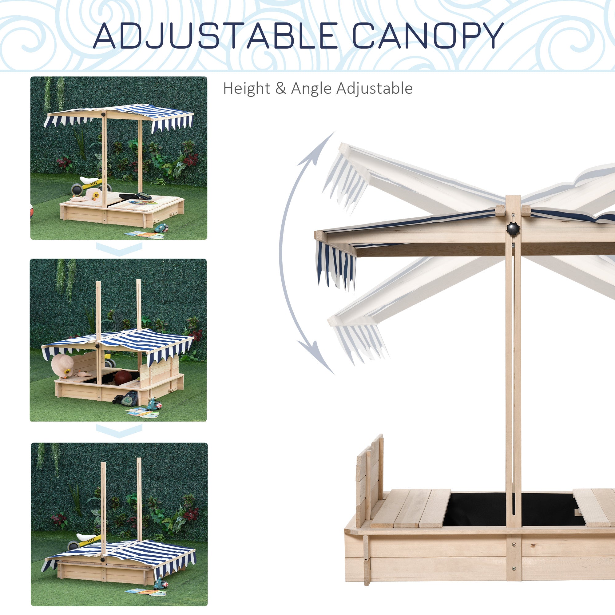 Covered Sandbox, Wooden,with Cover Adjustable Canopy, Detachable Seats and Backrests, Kids Sandbox with Convertible Bench Seat, Bottom Liner, Natural Blue