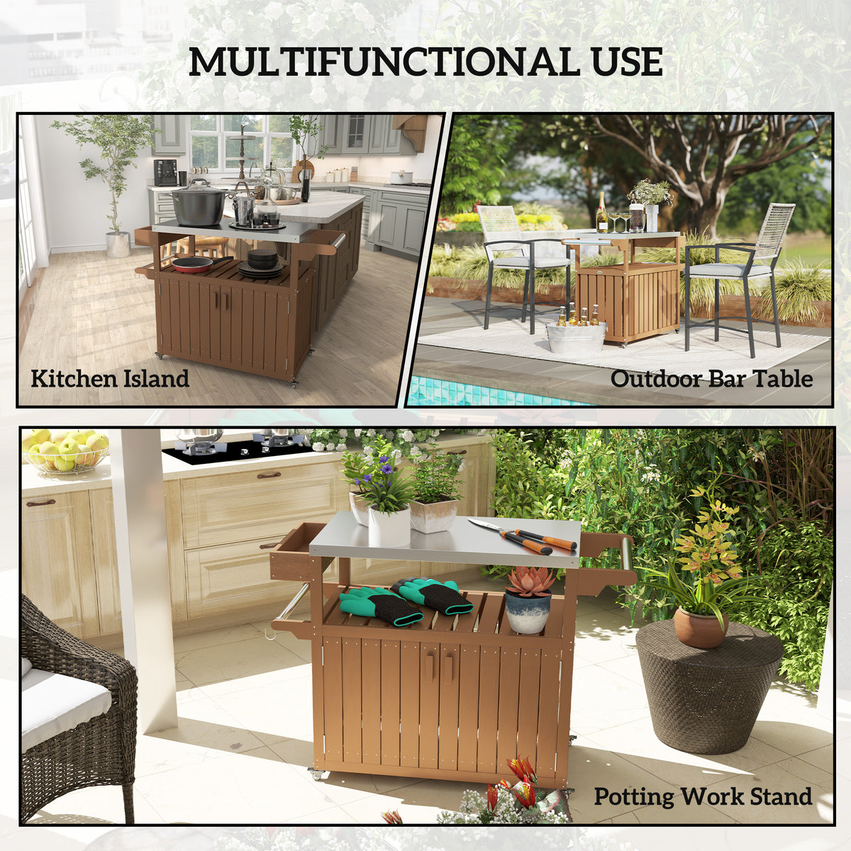 Outdoor Bar Cart with Storage, Stainless Steel Outdoor Bar Table Top, Wheeled HDPE Kitchen Island for Food Prep, Brown