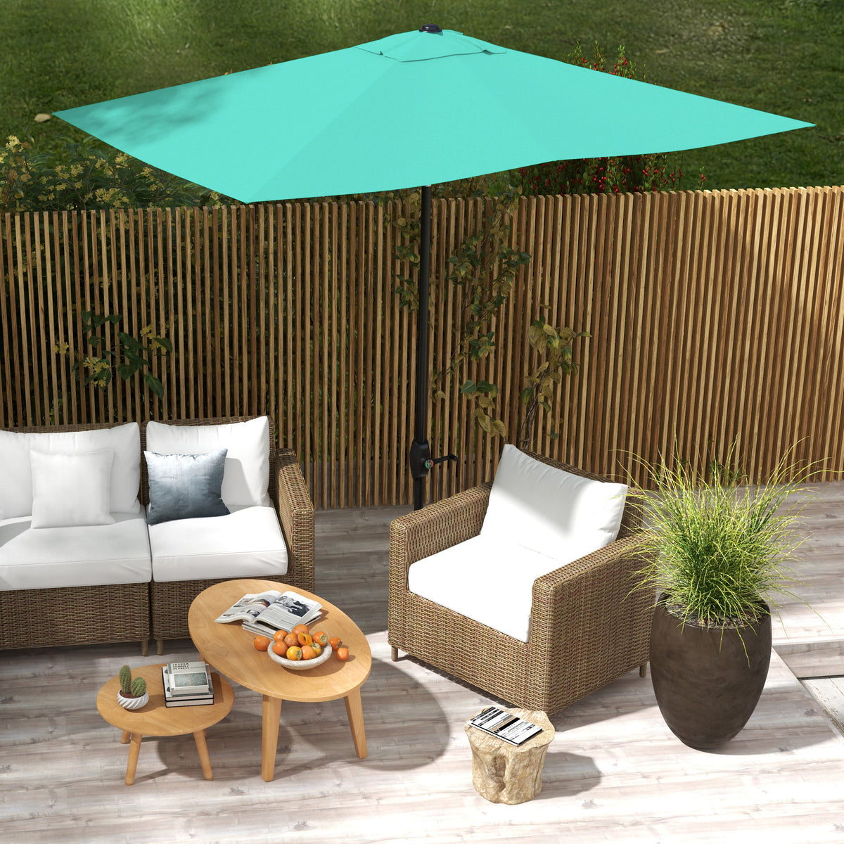 6.5' x 10' Rectangular Market Umbrella, Patio Outdoor Table Umbrella with Crank and Push Button Tilt, Teal