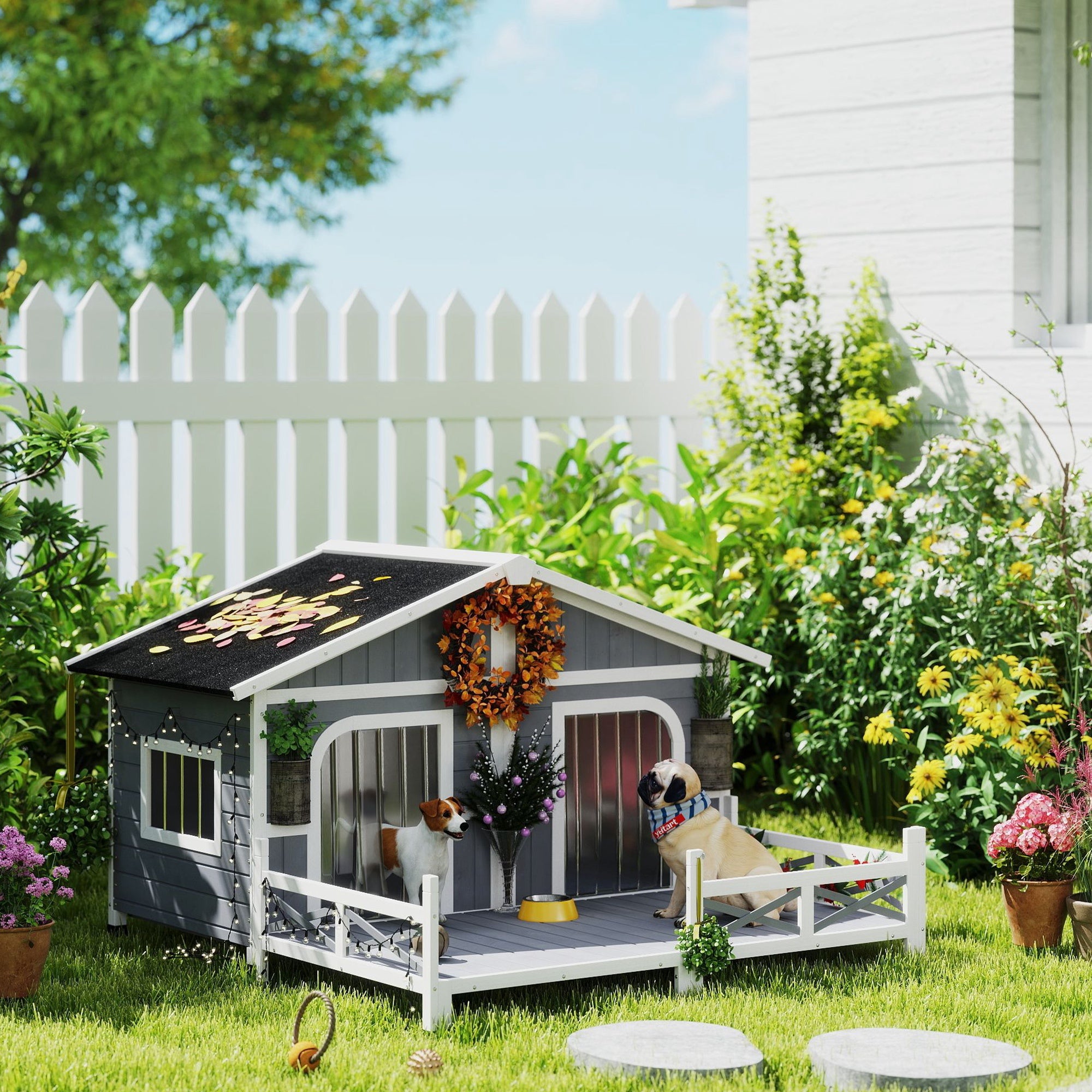 Dog House Outdoor, Wooden Dog Kennel Weatherproof with Porch, Openable Roof, Removable Bottom, Elevated Floor, Double Room for 2 Small to Medium Breeds, Gray - Grey - Image 2