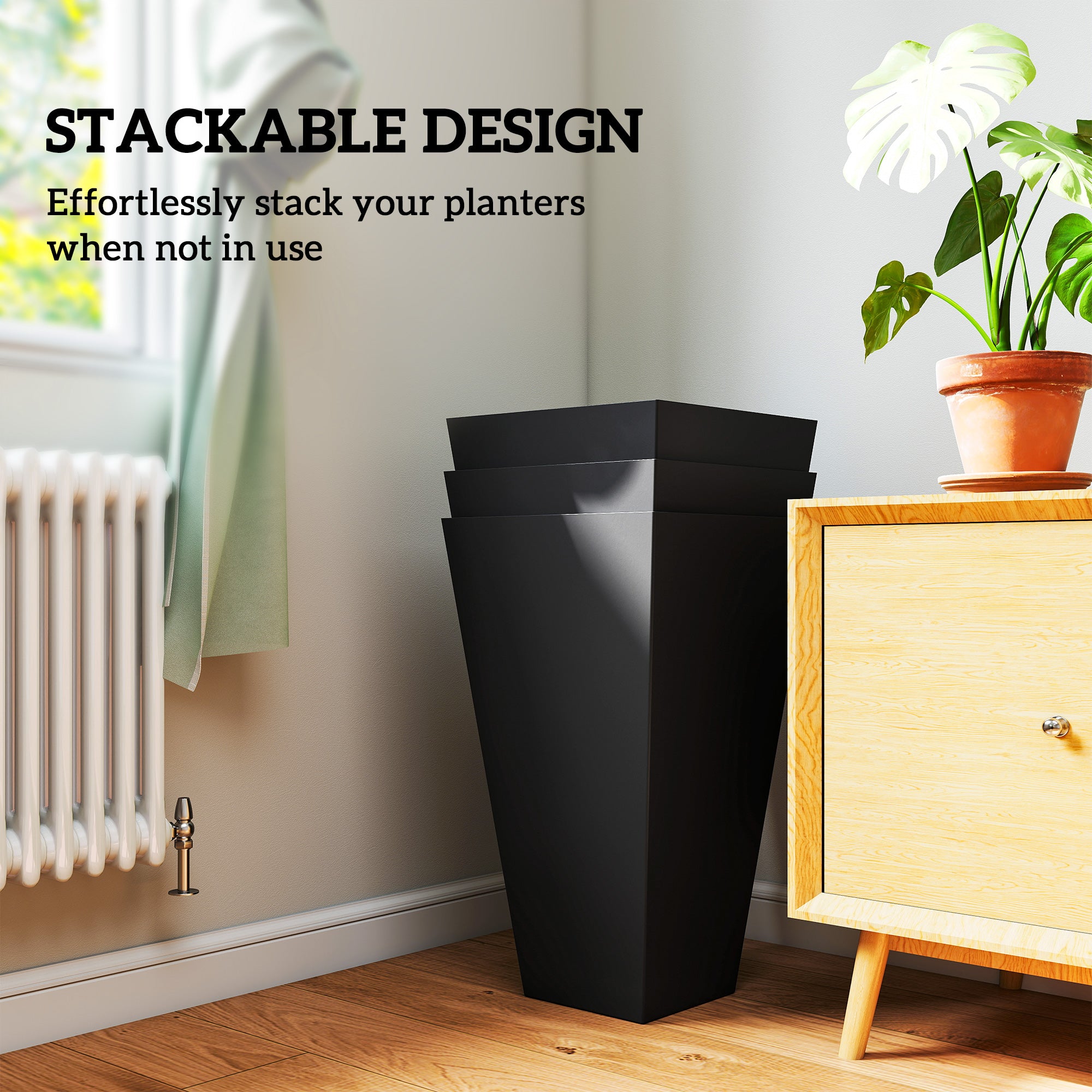 Tall Planters for Outdoor Plants Set of 3, 28 In Taper Planters with Drainage Holes, Indoor Grande Plant Pots, Front Porch Decor (Black) - Black - Image 7