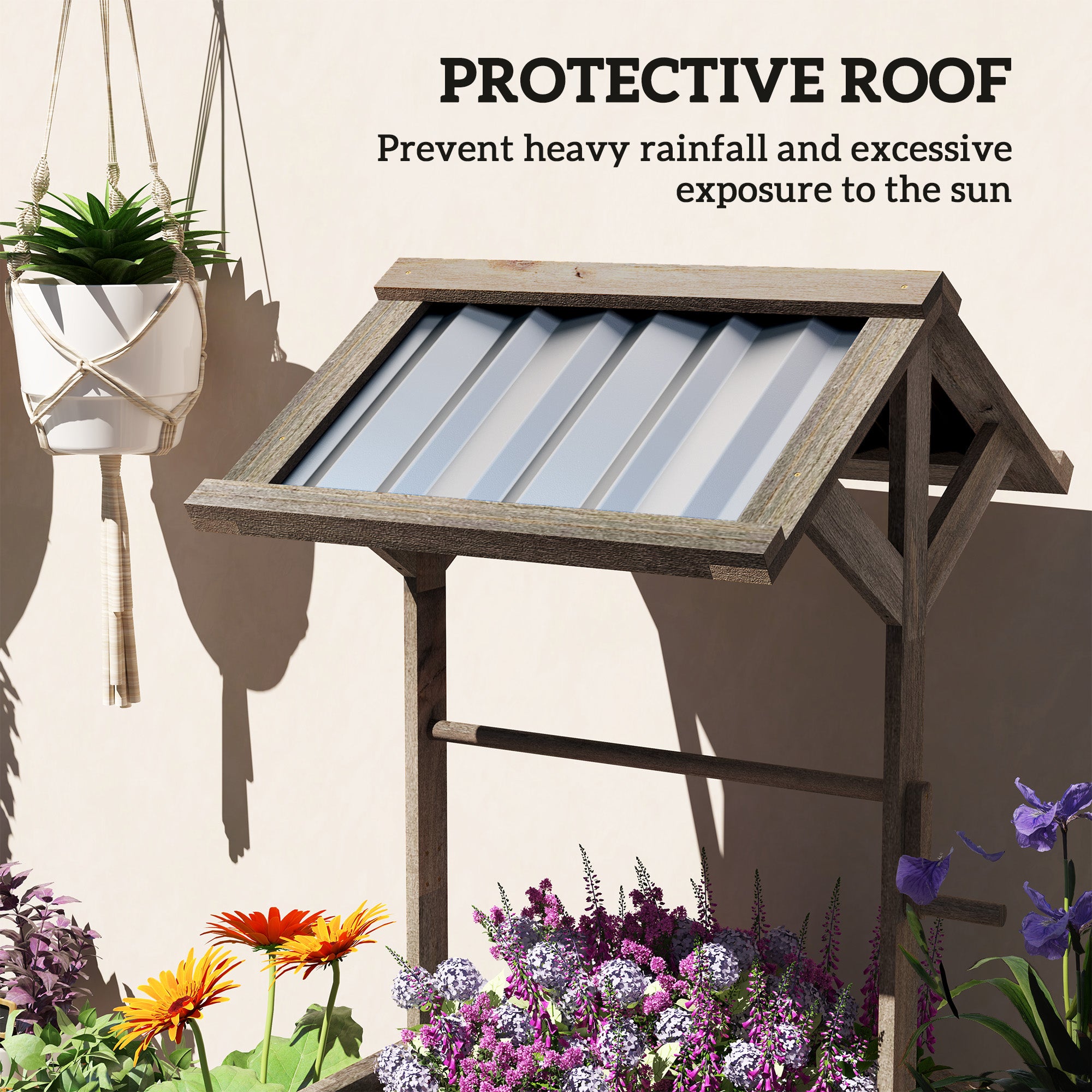 Wooden Wishing Well Planter, Raised Garden Bed with Galvanized Canopy, Hexagon Raised Flower Bed for Garden, Light Gray - Light Gray - Image 5