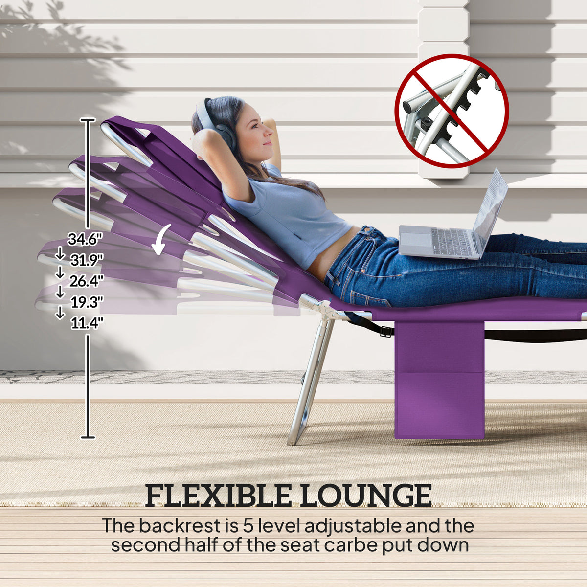 Tanning Chair with Face Hole, 5-Level Adjustable Outdoor Chaise Lounge Chair with Pillow for Beach, Pool, Purple