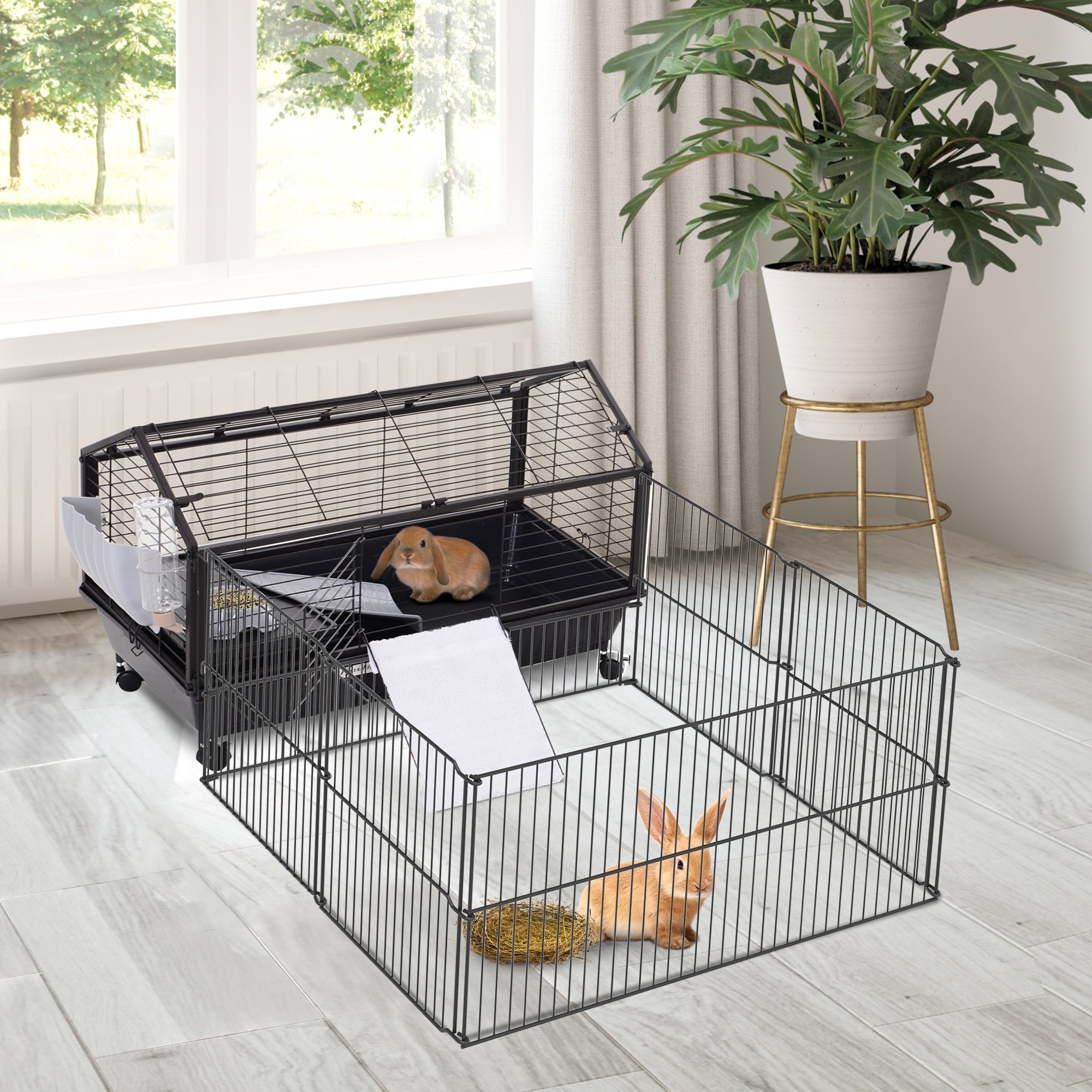 Rolling Metal Rabbit, Guinea Pig, or Small Animal Hutch Cage with Main House and Run - Black and Beige - Image 2
