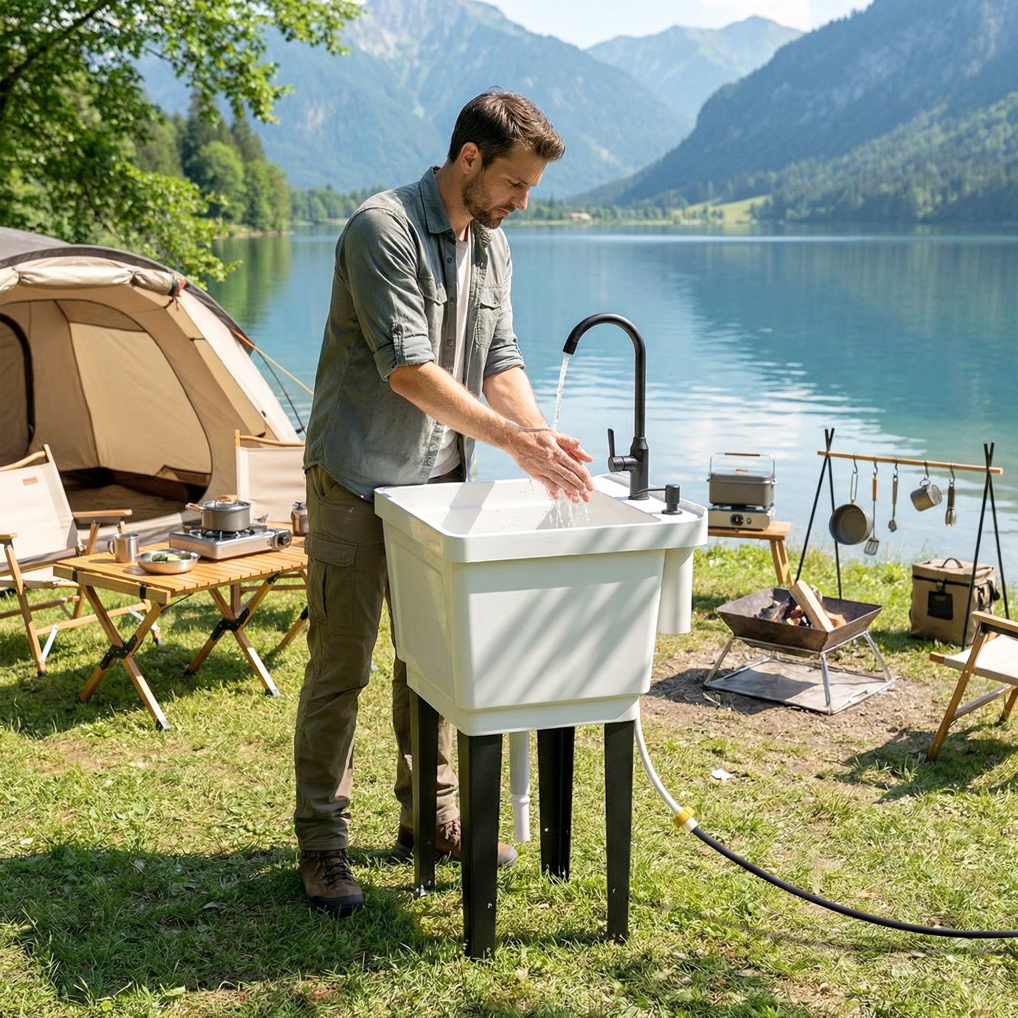 Portable 23-Gallon Utility Sink Laundry Tub for Washing Room, Freestanding Laundry Sink with Soap Dispenser, White