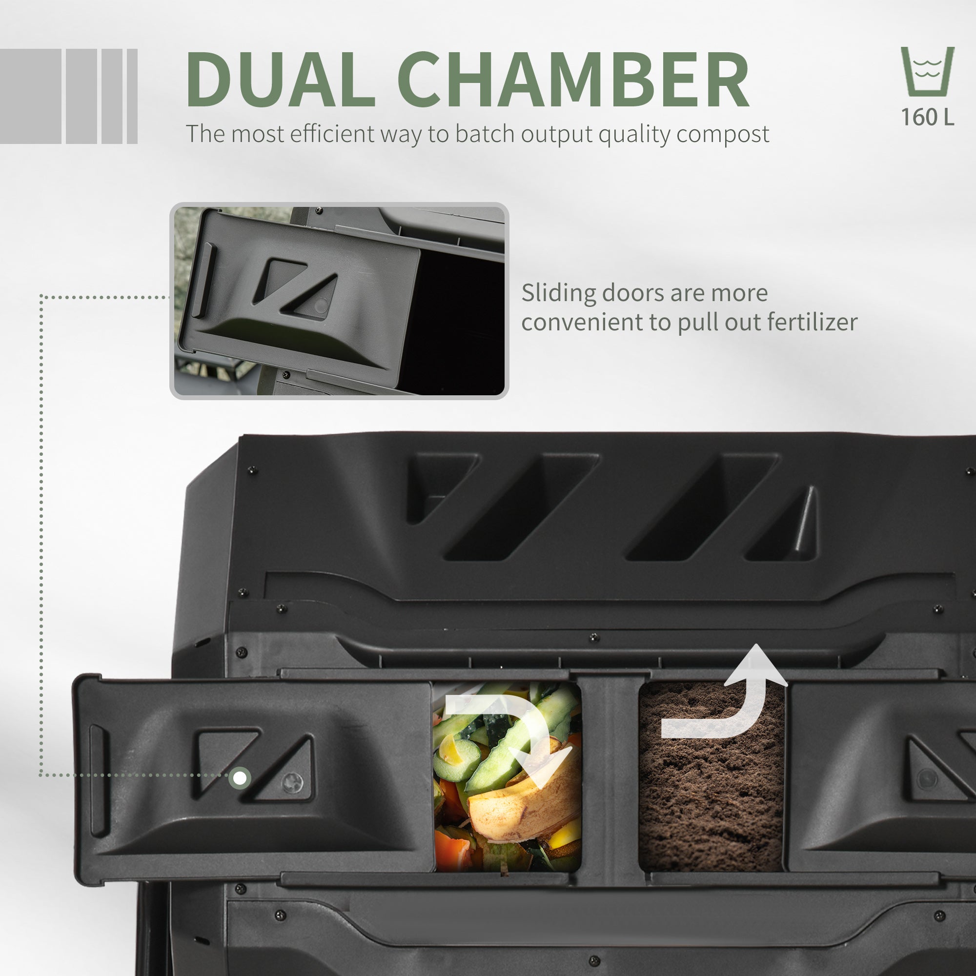 Tumbling Compost Bin Outdoor 360° Dual Chamber Rotating Composter 43 Gallon, Black - Black - Image 4