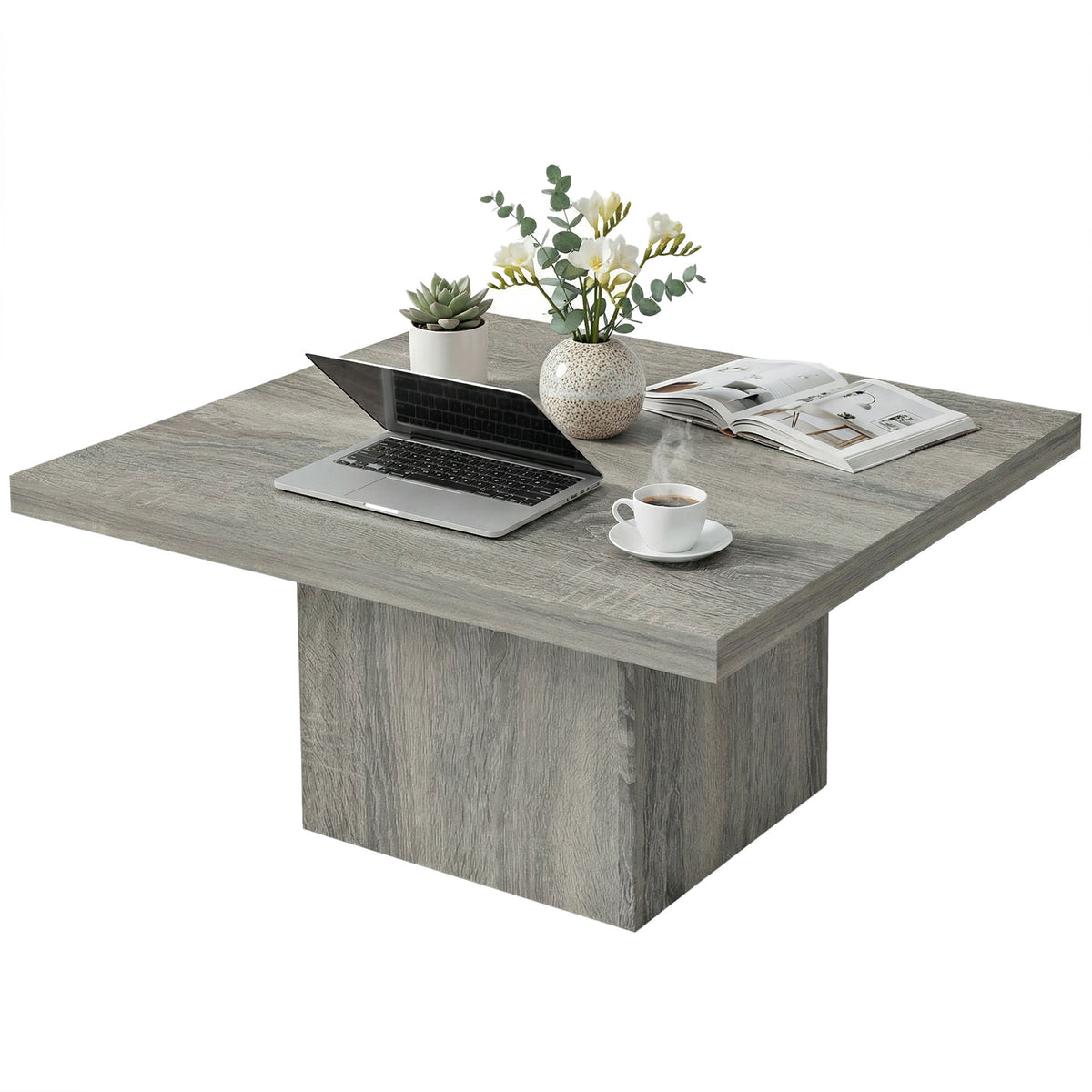 Square Coffee Table, Center Table with 1.6" Thick Tabletop, Gray Wood Grain
