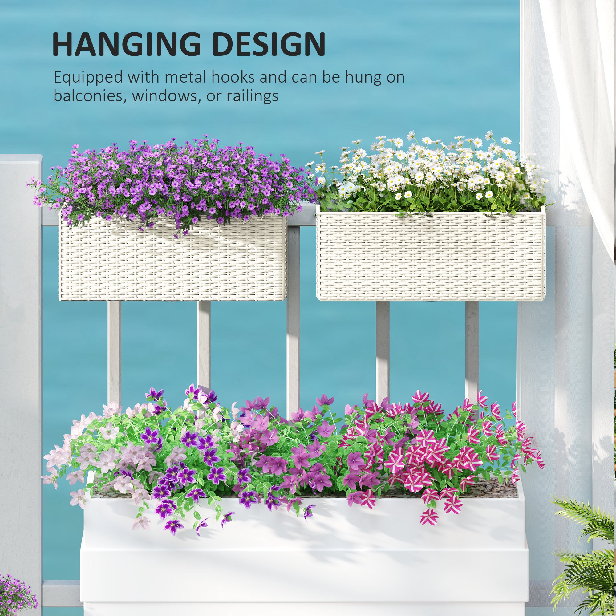 2 Pack 20 Inch Railing Flower Pots, Hanging Flower Pots with Hooks, Drainage Holes for Fence, Rattan Look, White - White - Image 7