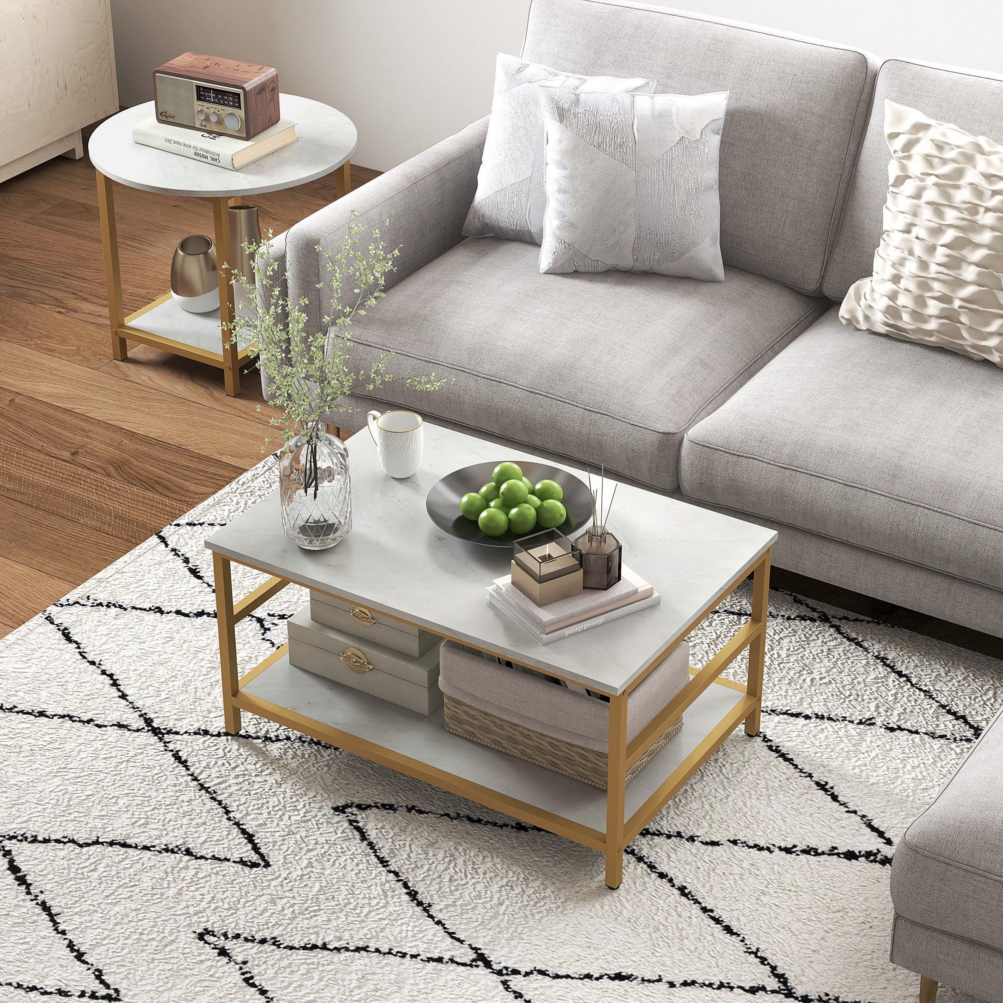 Coffee Tables Set of 2, Rectangle and Round Coffee Table with Storage Shelves, Faux Marble Top, Living Room Table Set