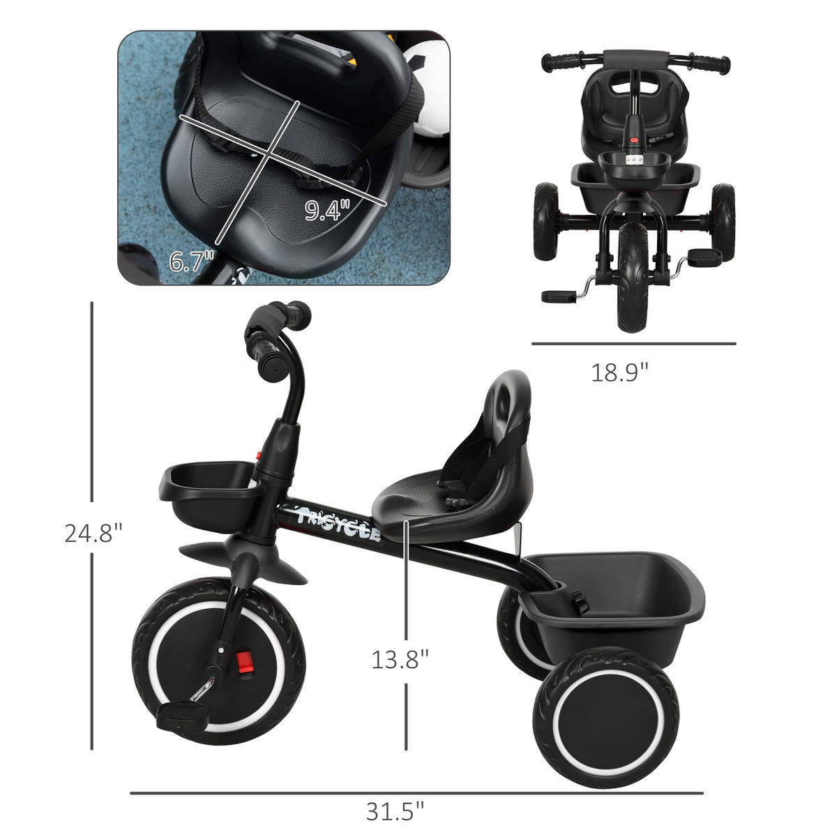 Qaba Tricycle for Toddlers Age 2-5 with Adjustable Seat, Storage Baskets, Black