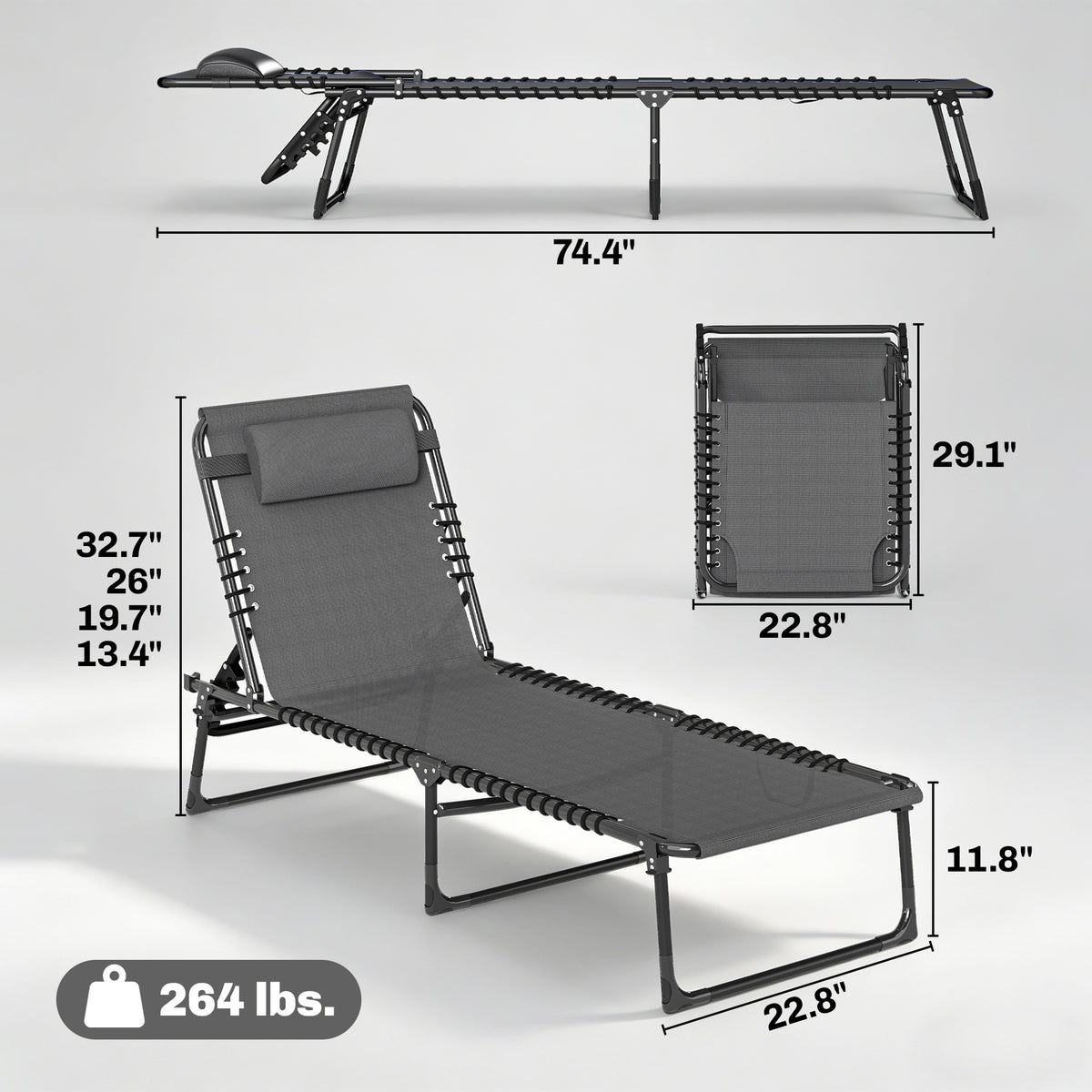2 Folding Chaise Lounge Pool Chairs with 4-Position Reclining Back, Pillow, Breathable Mesh & Bungee Seat, Gray