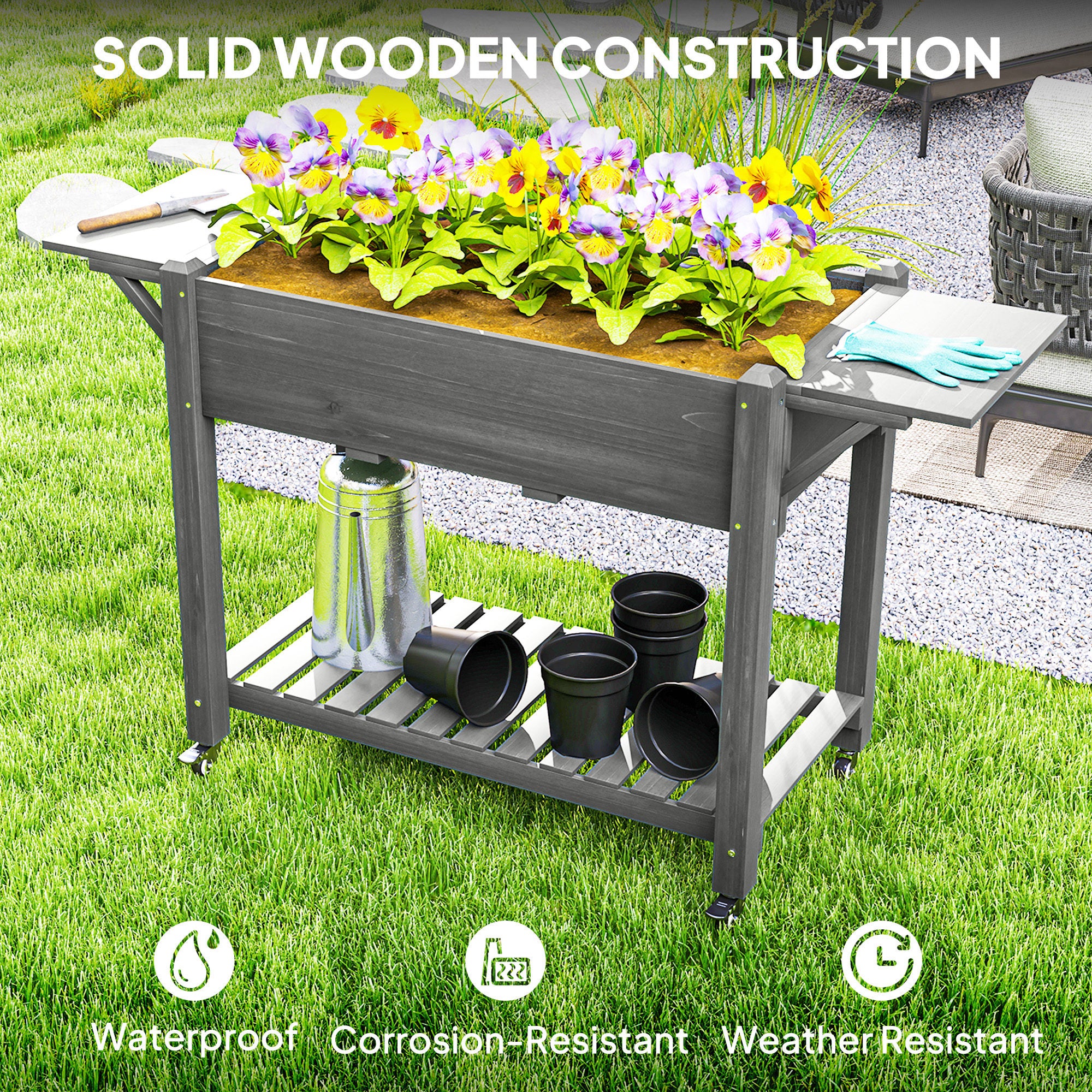 Wood Raised Planter Box, Elevated Garden Bed with Lockable Wheels, Side Tables, Bottom Shelf, Drain Holes, Gray - Gray - Image 8