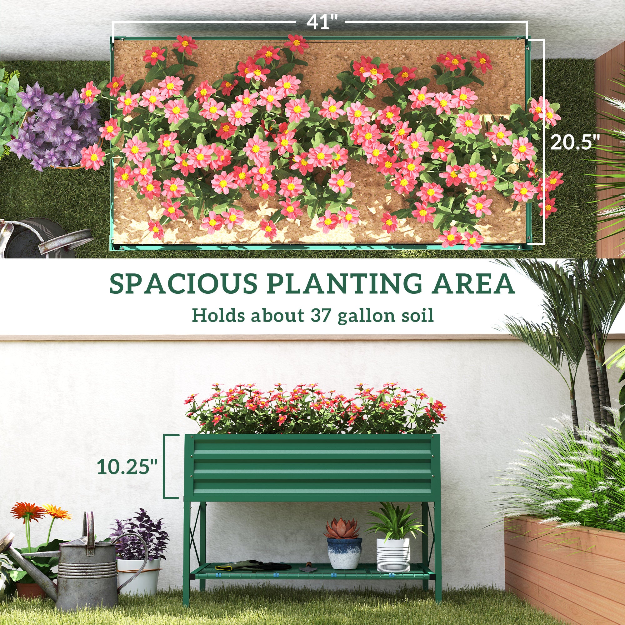 Galvanized Raised Garden Bed, Metal Planter Box with Legs, Storage Shelf and Bed Liner, Green - Green - Image 4