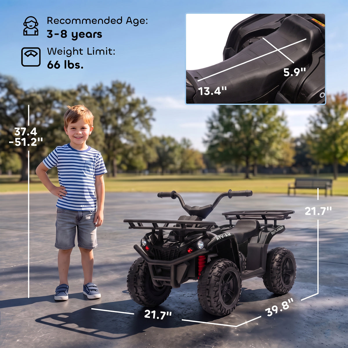 24V Ride on ATV, 4 Wheeler for Kids with Dual Motors, Soft Start, Battery Display, Music, Lights for 3-8 Years, Black