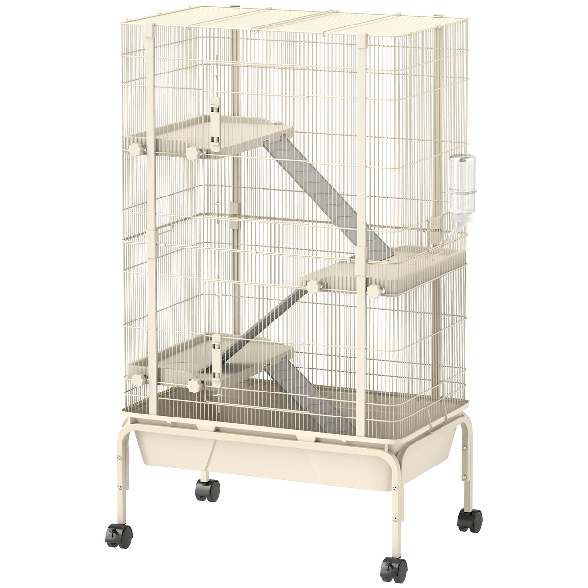 47" Small Animal Cage, 4 Levels Large Rolling Metal Ferret Cage w/ 5.9" Deep Tray, Ramps, Water Bottle, Food Dish, Beige
