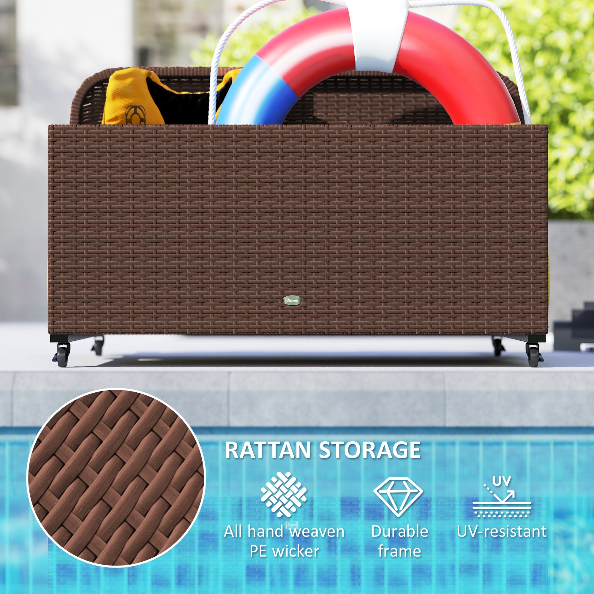PE Rattan Pool Float Storage Organizer with Wheels, Brown - Brown - Image 6