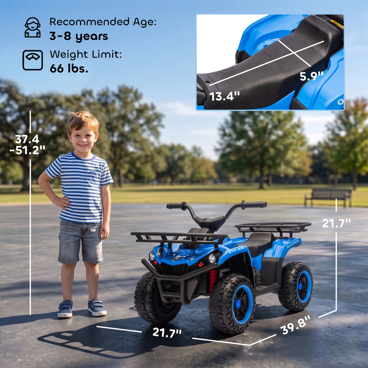 12V Ride on ATV, 4 Wheeler for Kids with Dual Motors, Soft Start, Battery Display, Music, Lights for 3-8 Years, Blue