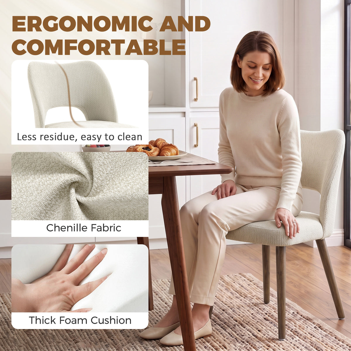 Dining Chairs Set Upholstered Kitchen Chenille Tool Free Assembly Rubberwood Legs, Cream White