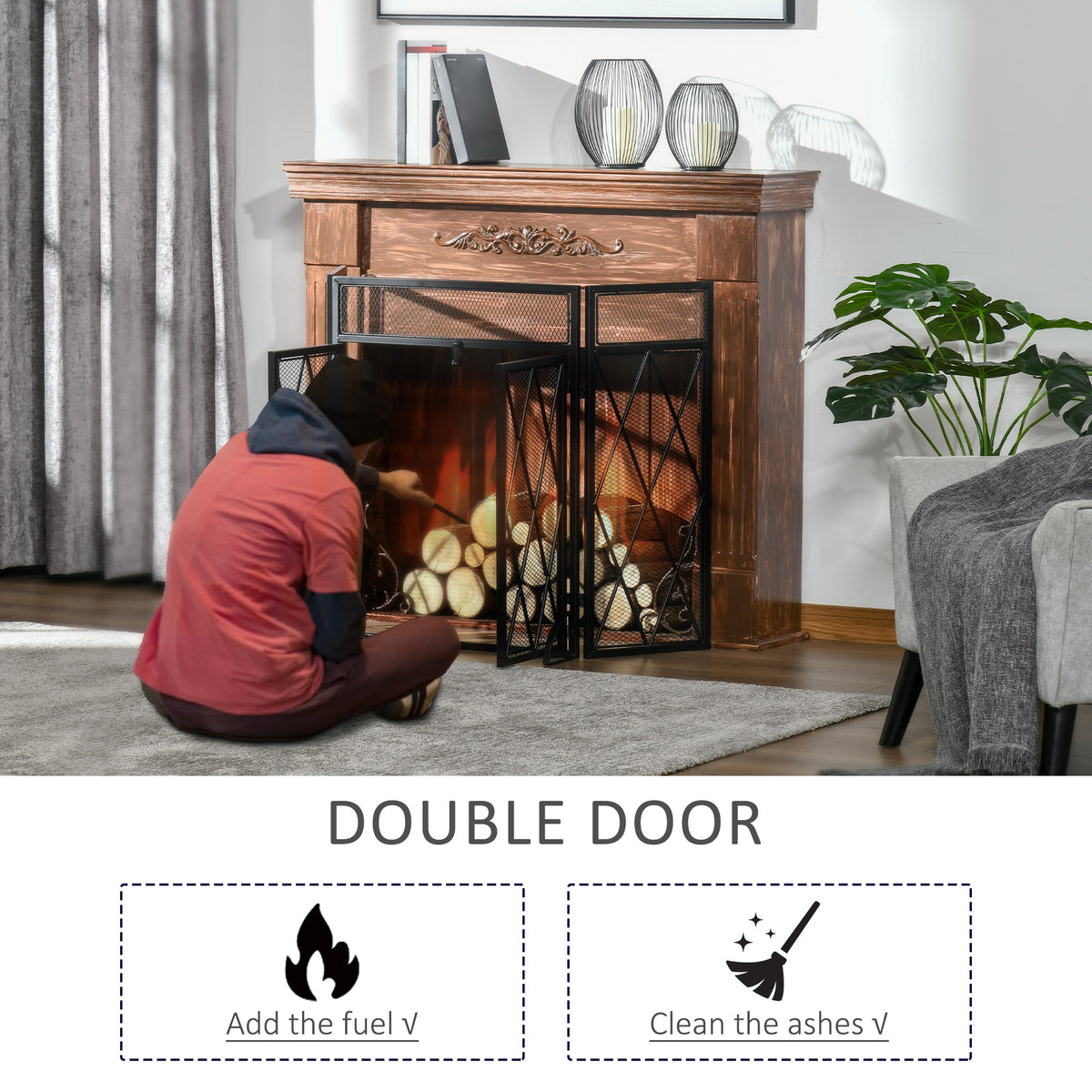 3-Panel Folding Fireplace Screen for Wood Burning with Double Doors, Home Heavy Duty Steel Fire Spark Guard, 47.25" W x 31" H, Black