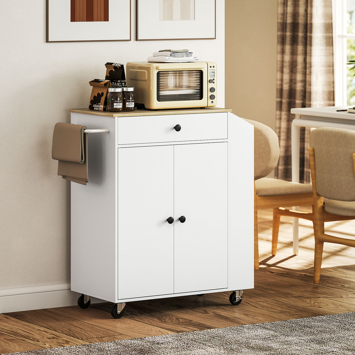 Rolling Kitchen Island with Tabletop, Kitchen Cart with Storage, Drawer, Cabinet, Spice Rack and Towel Bar, White