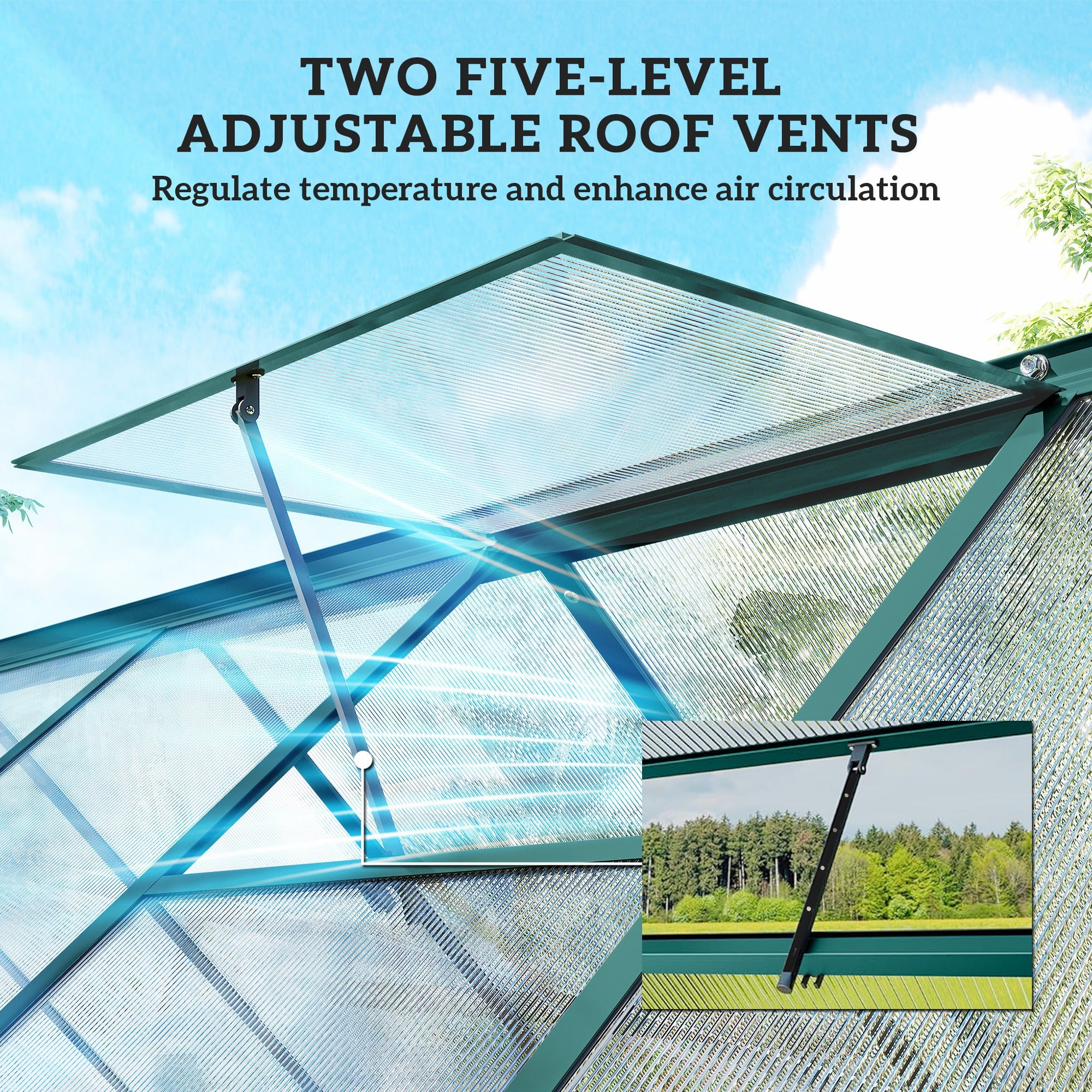 Polycarbonate Greenhouse with Swing Door and Two Adjustable Roof Vents, Aluminum Walk-in Greenhouse, 11x6 ft, Dark Green - Dark Green - Image 7