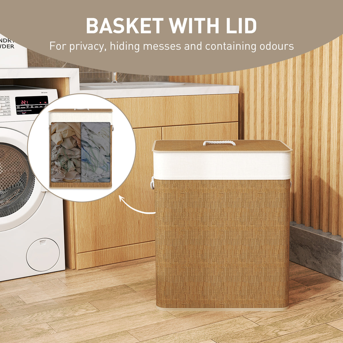 Double Laundry Basket with Lid, 26.4 Gallon Bamboo Laundry Hamper with Rope Handles and Removable Liner, Brown
