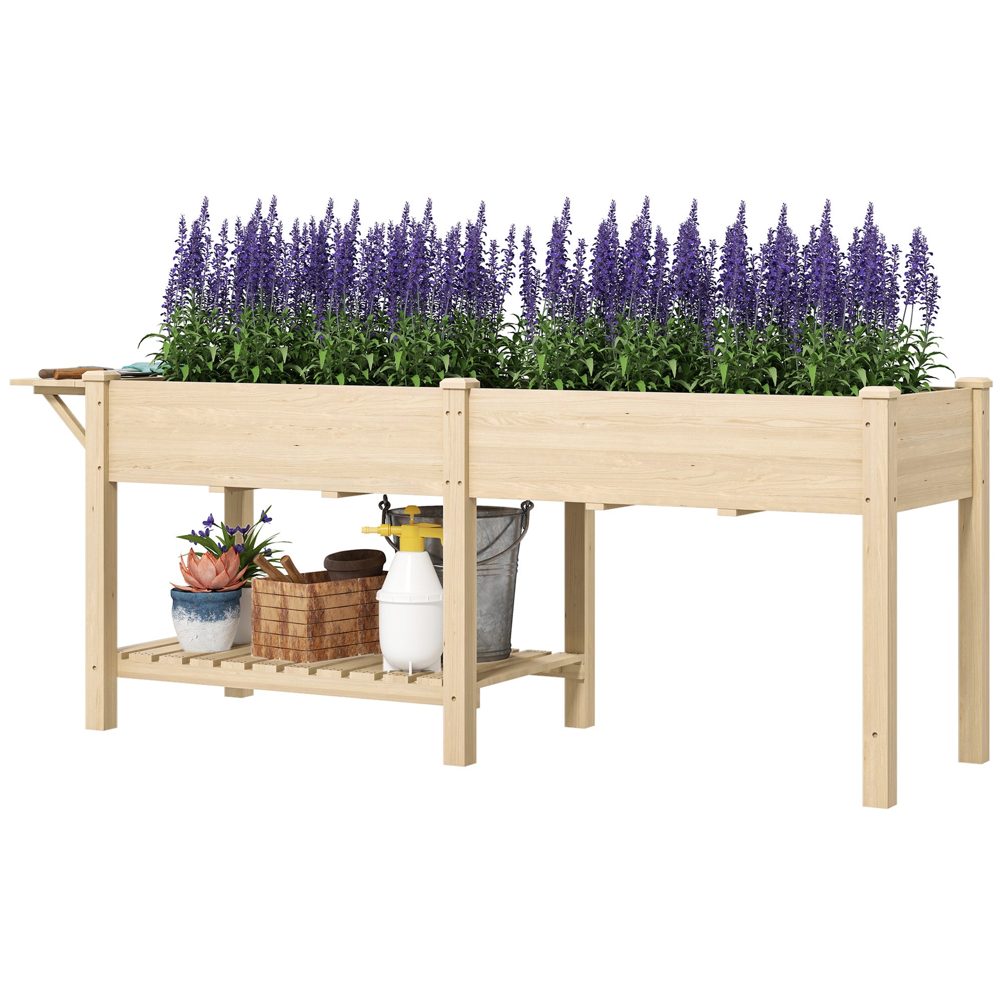 Wood Raised Garden Box, Elevated Garden Bed with Side Table, Bottom Shelf, Bed Liners and Drainage Holes, Natural - Natural Wood