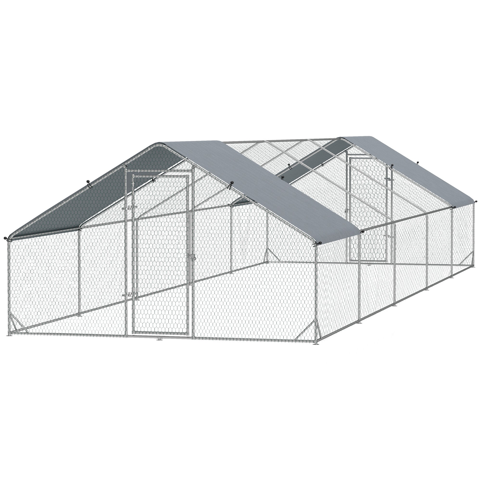 Large Chicken Coop with Waterproof and Anti-UV Cover, Spire Shaped for Outdoor and Yard Farm Use, 9.8' x 32.8' x 6.4' - Silver