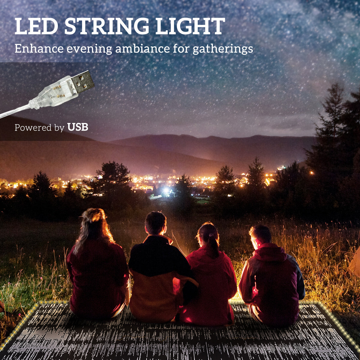 Reversible Outdoor Rug Carpet with LED Lights, Carry Bag & Ground Stakes for Backyard, Deck, Picnic, Beach, 10' x 8'