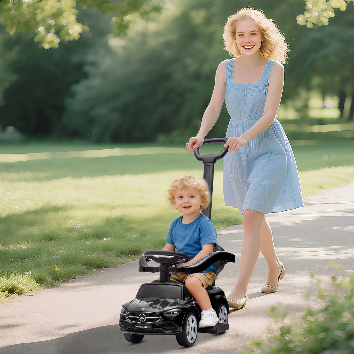 Qaba Mercedes-Benz C-Class Licensed Ride-On Push Car, Baby Stroller Walking Car with Parent Control Handle, Horn, Black