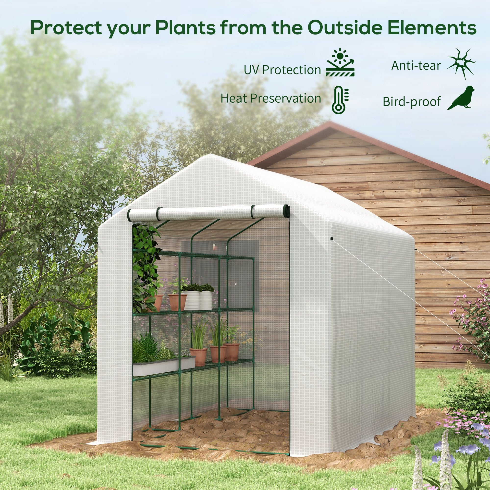 Outdoor Walk-in Greenhouse with Roll-up Zipper Door, 18 Shelves, PE Cover, 95.25" x 70.75" x 82.75", White - White - Image 4