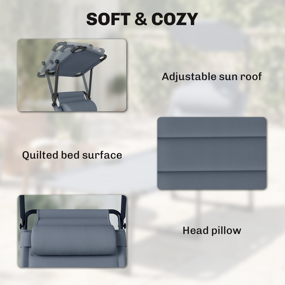 Outdoor Lounge Chair, 4 Position Adjustable Backrest, Folding, Cushioned w/ Sun Shade Roof & Pillow, Gray