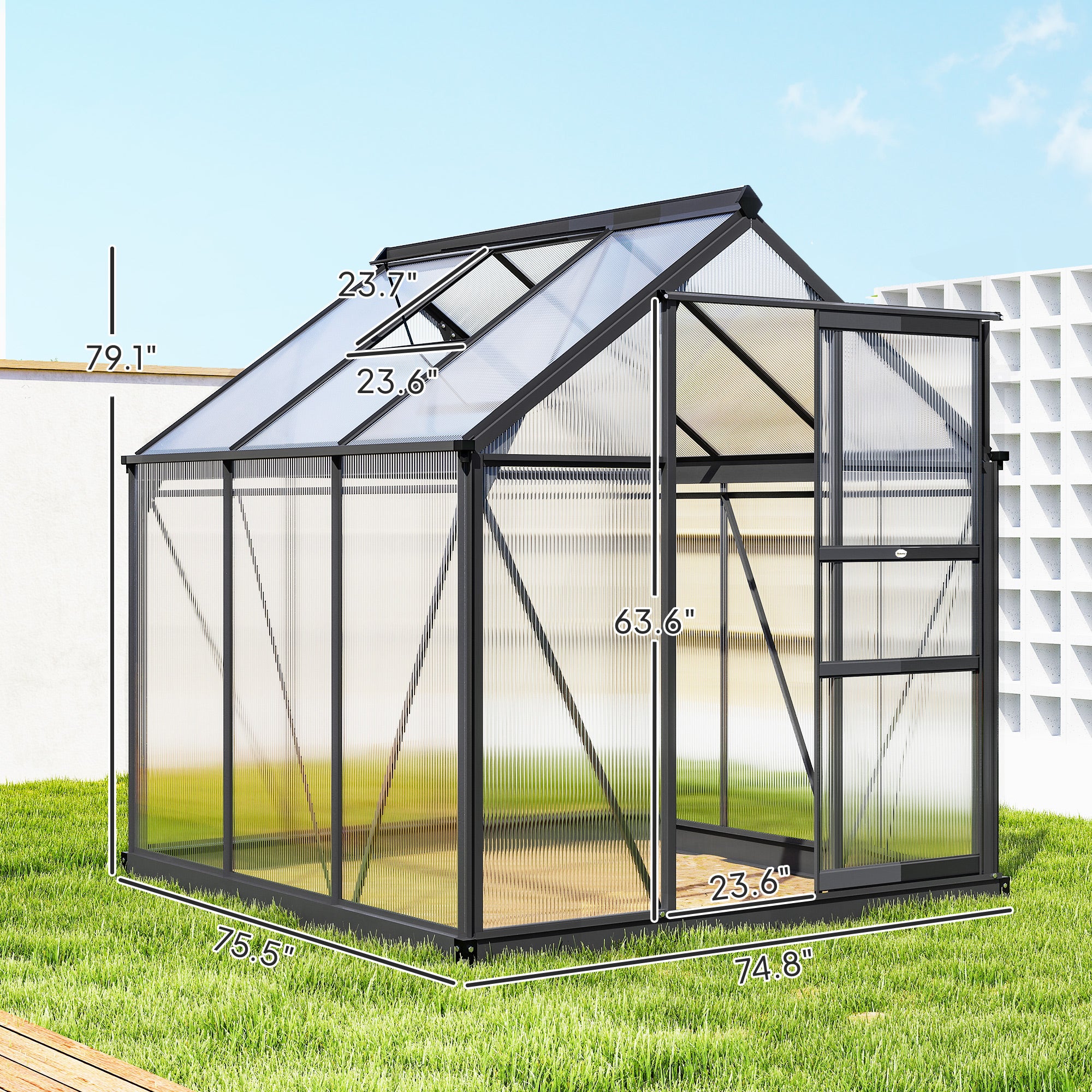 Polycarbonate Greenhouse, Heavy Duty Outdoor Aluminum Walk-in Green House Kit Vent Door, 6.2'x6.2'x6.6' Gray - Gray - Image 3